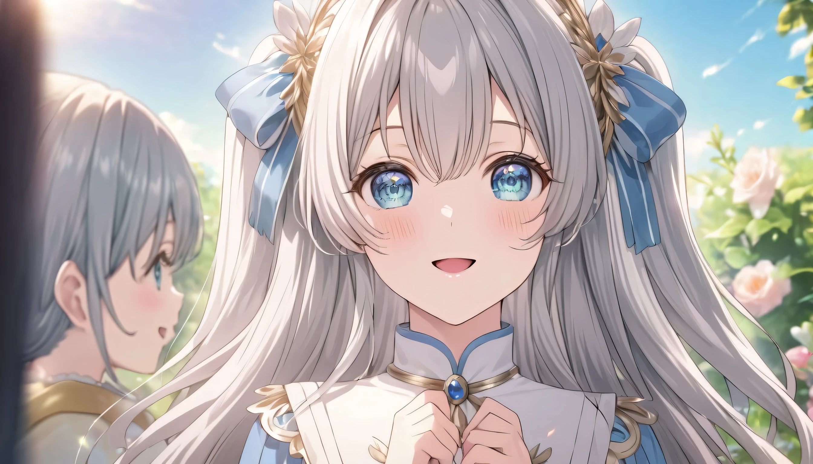 ((ultra-detailed)), (highly detailed CG illustration), (best quality:1.2), ultra-highly detailed, colorful composition, artistic photoshoot, 1girl, solo focus, ((upper body:1.4)), moe anime character,  girl, dainty facial structure, (bab(round face), ((rounded chin:1.2)), ((ideal ratio body proportions)), celia-default, celia claire, (blue eyes), sparkle eyes, silver hair color, two side up, ((hair ribbon with blue)), ((blue semi formal dress with gold decorations)), (happy), (joyful), (open mouth), ample breasts, best quality, masterpiece, best quality, masterpiece, standing by the victorian garden with flowers, beautiful detailed sky, sunshine pouring down, from front, expecting, pink cheek, blush, light pink gloss slip, portrait, depth of field, soft lighting, sidelighting, (shine), lighting, caustics, ray tracing, smile, perfect face, lustrous skin, highly  detailed face, highly detailed eyes, perfect face, perfect nose, perfect hair, perfect eyes, perfect anatomy, beautiful hair, beautiful small face, extremely detailed face, beautiful detailed eyes, beautiful clavicle, beautiful body, beautiful huge breasts, leavage, breasts squeezed together, equalize the size of the left and right breasts, asts, beautiful thin thighs,  beautiful legs, beautiful fingers, 4 fingers, 1 thumb, lovely, (very detailed background:1.0), (highly detailed background:1.0), spring aesthetic, intricate details, relaxed atmosphere, spring colors palette, chromatic aberration