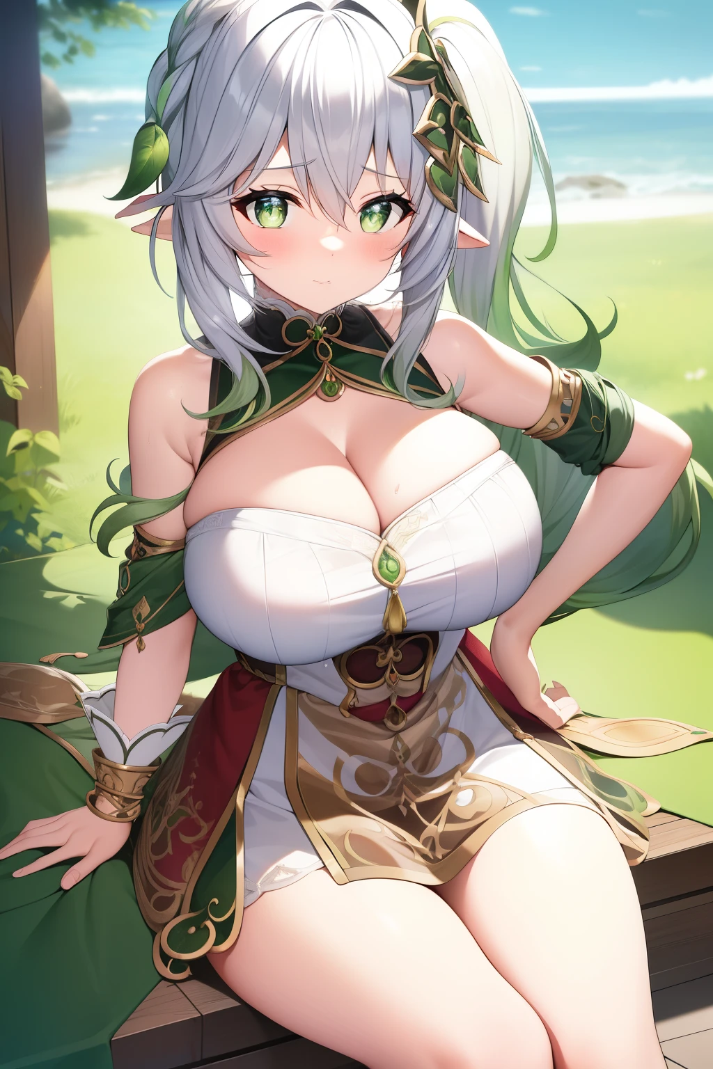 Ceres Fauna, lush forest background,  perverted Ceres Fauna, Ceres fauna glasses, large breasts, touching breast whit hands, big booty, toned thighs, flushed cheeks, glistening sweat, daytime, illustration, highres, ultra-detailed, realistic, vivid colors, soft lighting