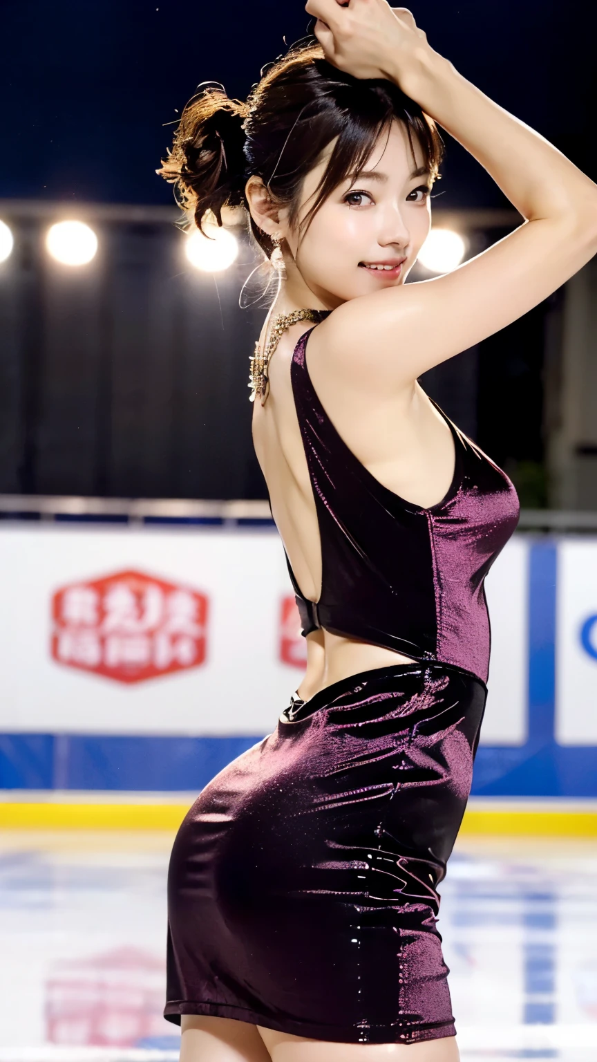 1womanl、(Super beautiful)、(beauitful face:1.5)、(A detailed face:1.5)、(A detailed eye:1.1)、(Detailed lips:1.1)、(Detailed nose:1.1)、(Beautiful Russians)、(a blond)、(blue eyess)、(Doing figure skating)、(anatomically correct movements:1.1)、(Red costume:1.1)、(White panties under the skirt:1.3)、(Bare legs:1.1)、(Dressing)、(skating rink with spectators)、(At SFW:1.4)