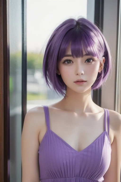 1 Girl, Beautiful, Baby Face, 20 Years Old, White Skin, Pose, Ultra Large Breast, Cleavage, Perfect Lolita Dress, Grey Eye, Muscles:1.3, Outdoor, Bokeh:1.1, Drill Hair, short bob Hair, ((Coloured Hair)), ((Night:1.3)), Firework, (Cute Dog), (garden), flowers