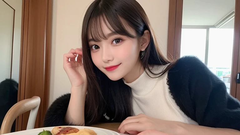 skin that looks real,finely, High resolution, high quality、完璧なダイナミックな構figure, beautiful and fine eyes, medium hair, 、natural color lip,Kamimei、Shibuya Ward、20 year old girl、1 person、transparent skin、shining hair、table top, 最high quality, figure, super detailed, finely, High resolution, 8K、correct state of the human body、squat、laughter，hair flying in the wind,thick,winter,your,Temperature 0°C,（cheers）、（wine）