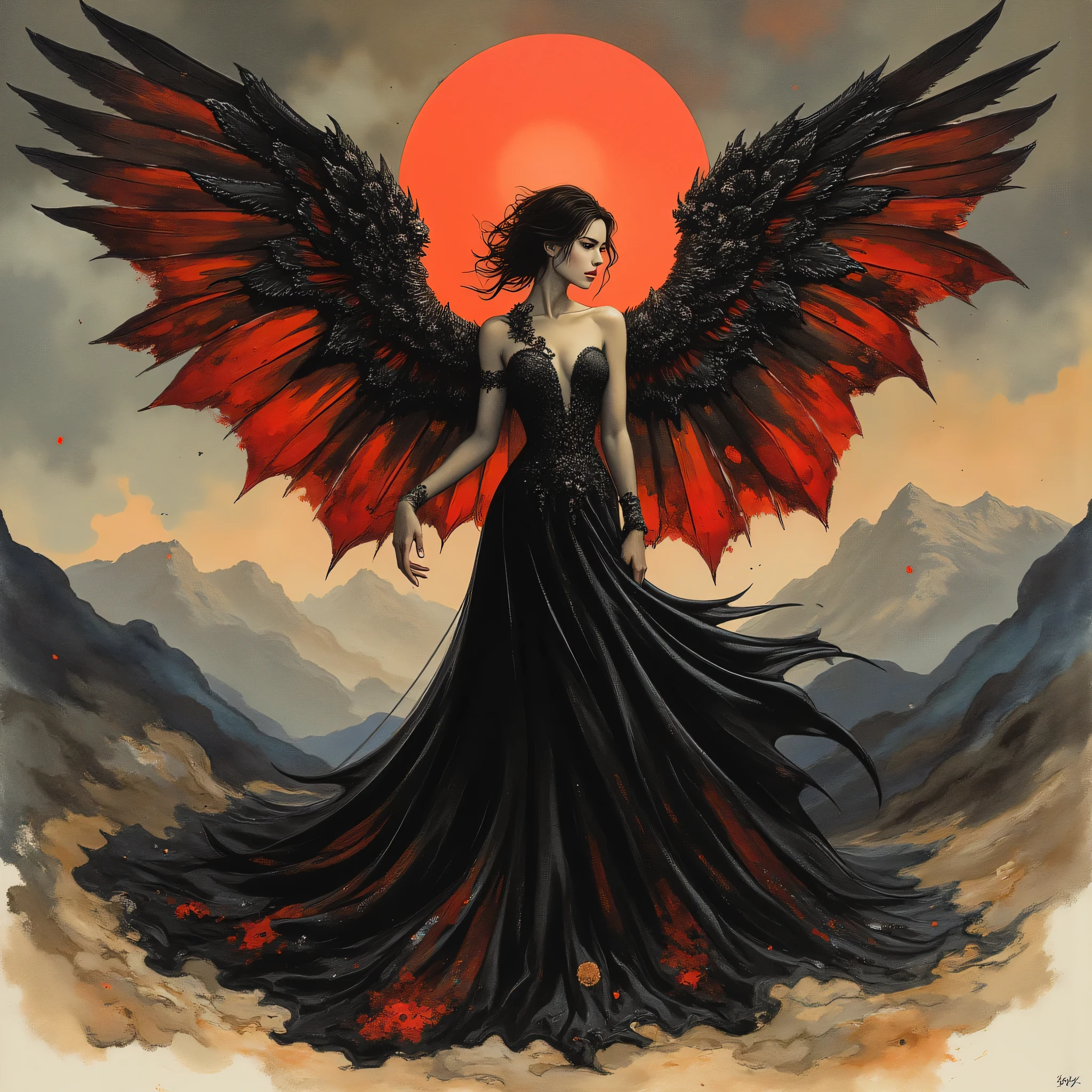 Detailed proportions and textures and multi-color with airbrushed brush strokes that presents a semi-realistic illustration in Chinese ink a female figure with striking, large wings. The wings are predominantly black with vibrant red accents, creating a dramatic contrast. The figure stands in a powerful pose, wearing a long, flowing black gown with intricate designs. Her skin is pale, and she has long, dark hair cascading down her shoulders. A glowing red halo hovers above her head, adding a mystical element. The background is a moody, cloudy sky with hints of mountains in the distance, enhancing the ethereal and otherworldly atmosphere of the scene.very balanced saturation in the color palettes very defined (Color with monochorome intense shaded tones and shine, tone red 25% + yellow 25% + blue 25% + biofluorescent 12.5%+ transparencias 12.5%. Aesthetic fusion by (Fibonacci ratio. A poupée realiste of a young girl ballet-like. female (Including a variety of pink skin and beige-dark tones that give it contrast and shine) character type. Fluid texture that gives the sensation of movement to the Thin, fine of leaves that moulds to the figure (her clothes with relief and folds give volume and depth to the character) style. Haute couture photoshoot (in high quality of full body). Sharp Highly Detailed Soft Focus, Approaching Perfection, Full HD 8K. High and Low Angles. of Coco Chanel, Gianni Versace, Alberto Vargas, Greg Rutkowsk art style fusion.