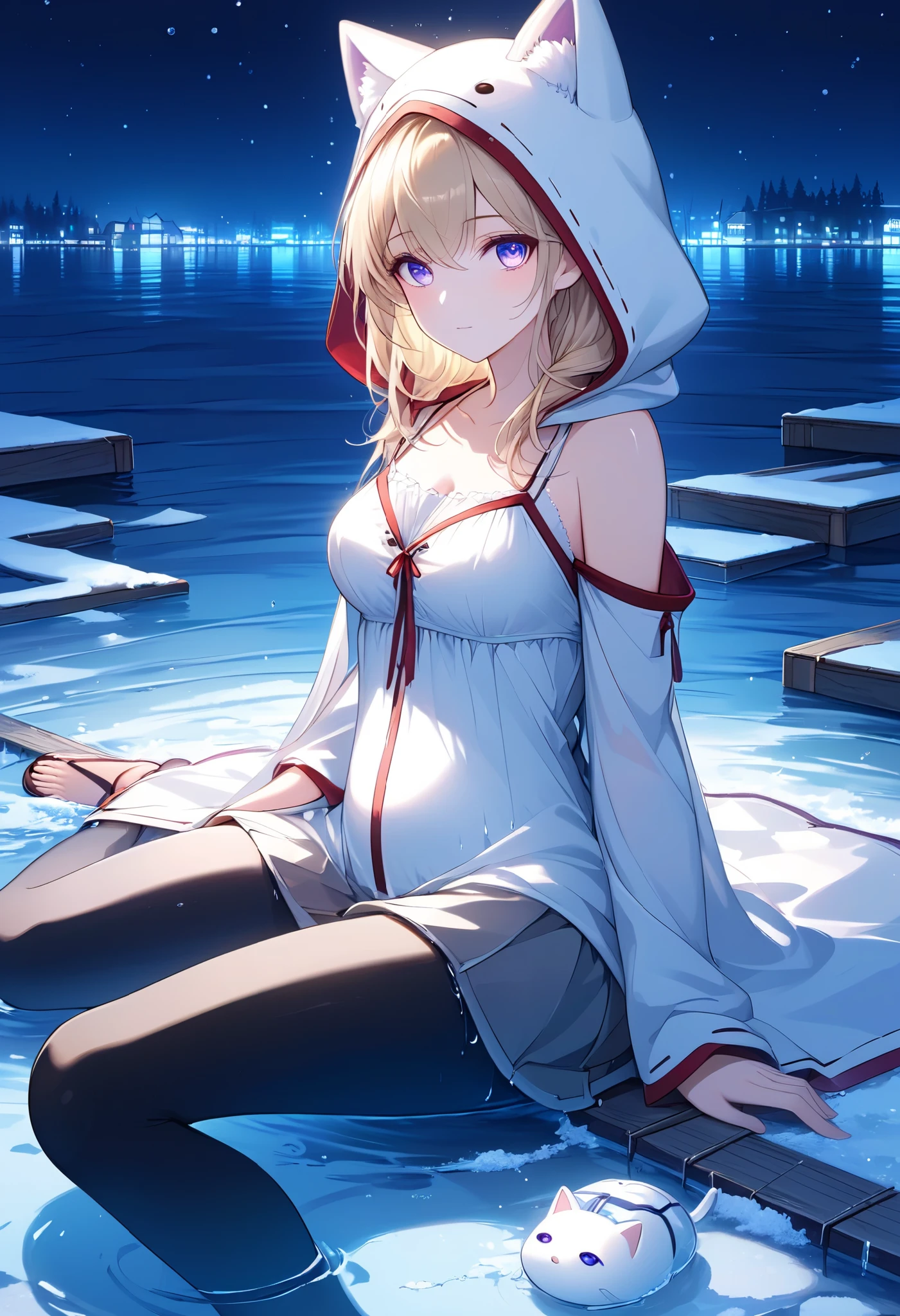 High Resolution, High Quality, High Detail, frozen dock, night, 1girl, blonde hair, violet eyes, medium breasts, white cat hood, white cloak, white camisole with red trim, grey skirt, black leggings, sandals, looking at viewer, arms behind back, reaching for viewer, side profile, feet in water, zoom in, sitting in water