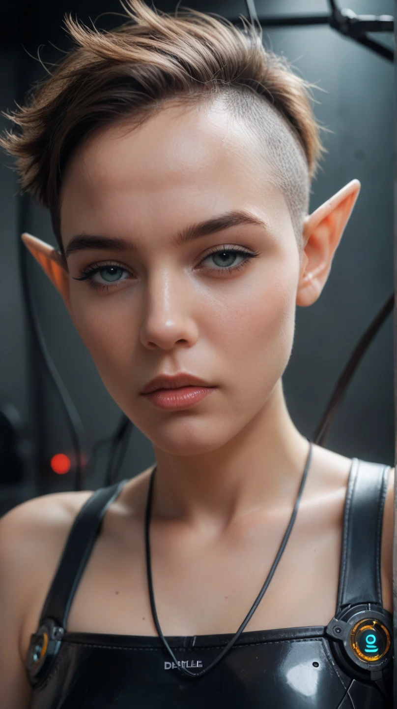 Gorgeous european woman with very short hair, short hair, wet hair, hair slicked back, combed straight back, slick hair, streaked blonde hair, seductive, pink lips, elf princess, cleavage, vintage, solid dark grey background
