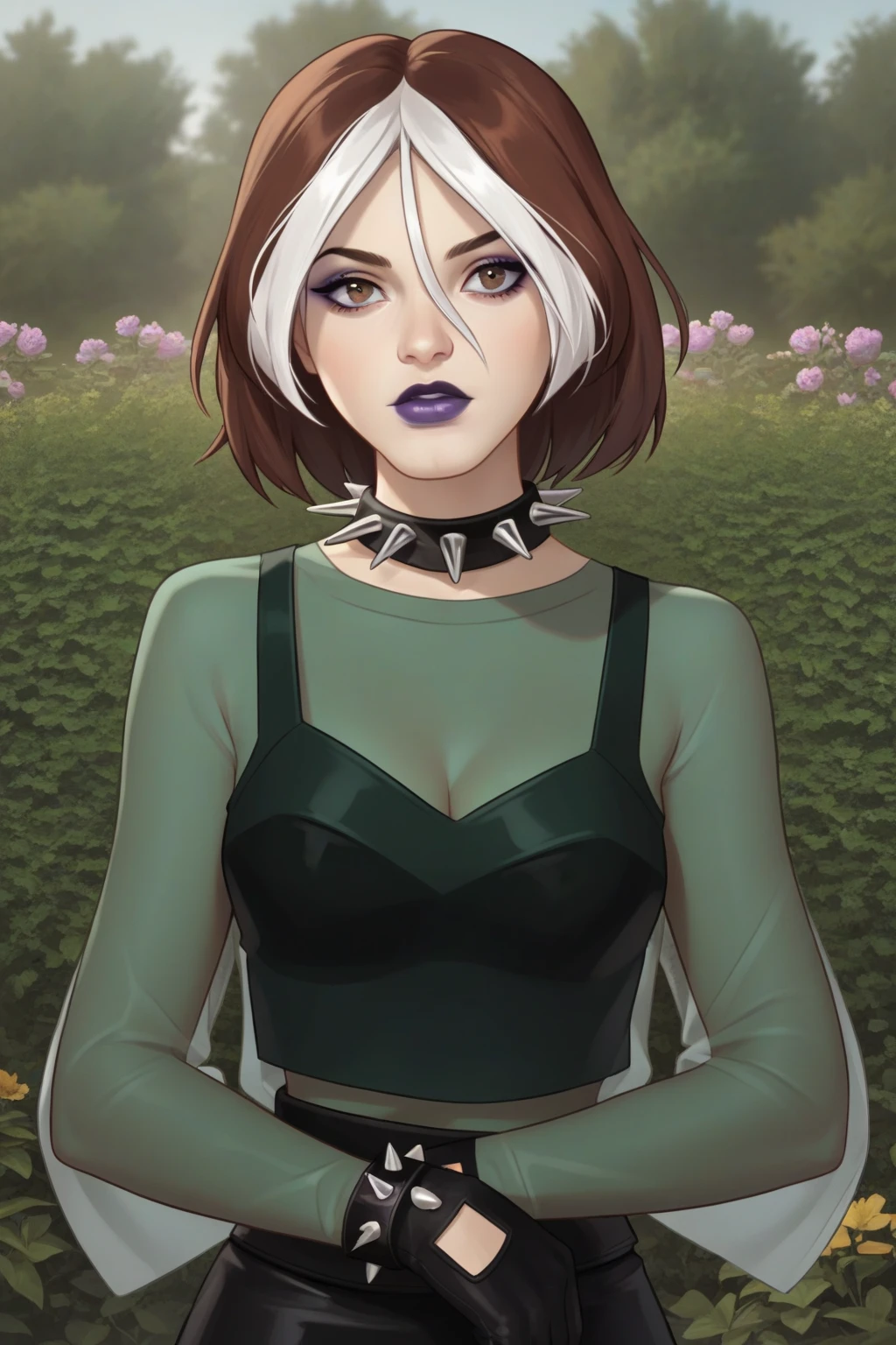 source _ cartoon , score_9, score_8_up, score_7_up, score_6_up, score_5_up, score_4_up, BREAK, perfec eyes, perfect face, 1girl, 1 girl, rogue, wonder, multicolored hair, brown hair , brown eyes , white hair , black leather gloves, purple lipstick , purple eye shadow, green eyes, transparent shirt, skirt, spiked necklace , spiked bracelets , dynamic pose, dynamic shot, garden , garden setting, close up, face close up