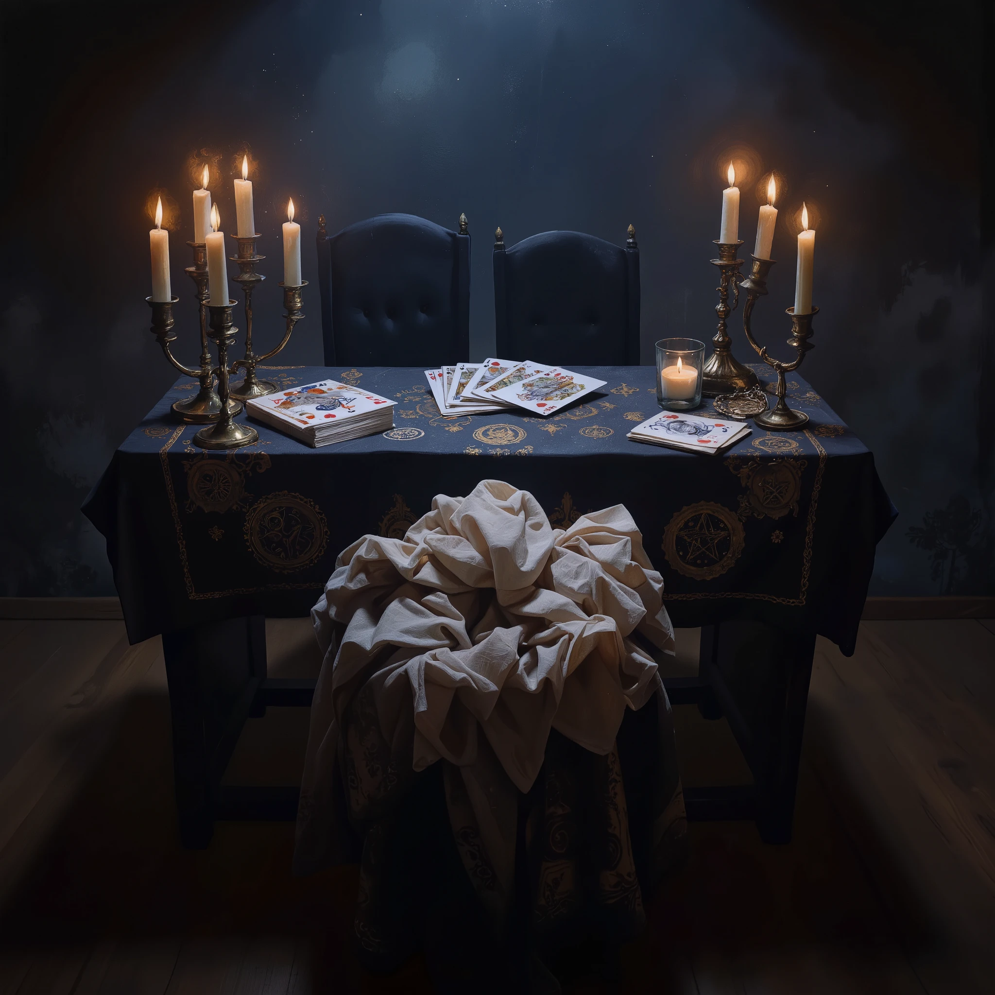 witch, magini customer desk, mystical atmosphere , in a cinematic style , modern decor , playing cards , witch symbol , candles, symbols on the tablecloth , magic energy in the air , two chairs and a table , maximum detail , 8k