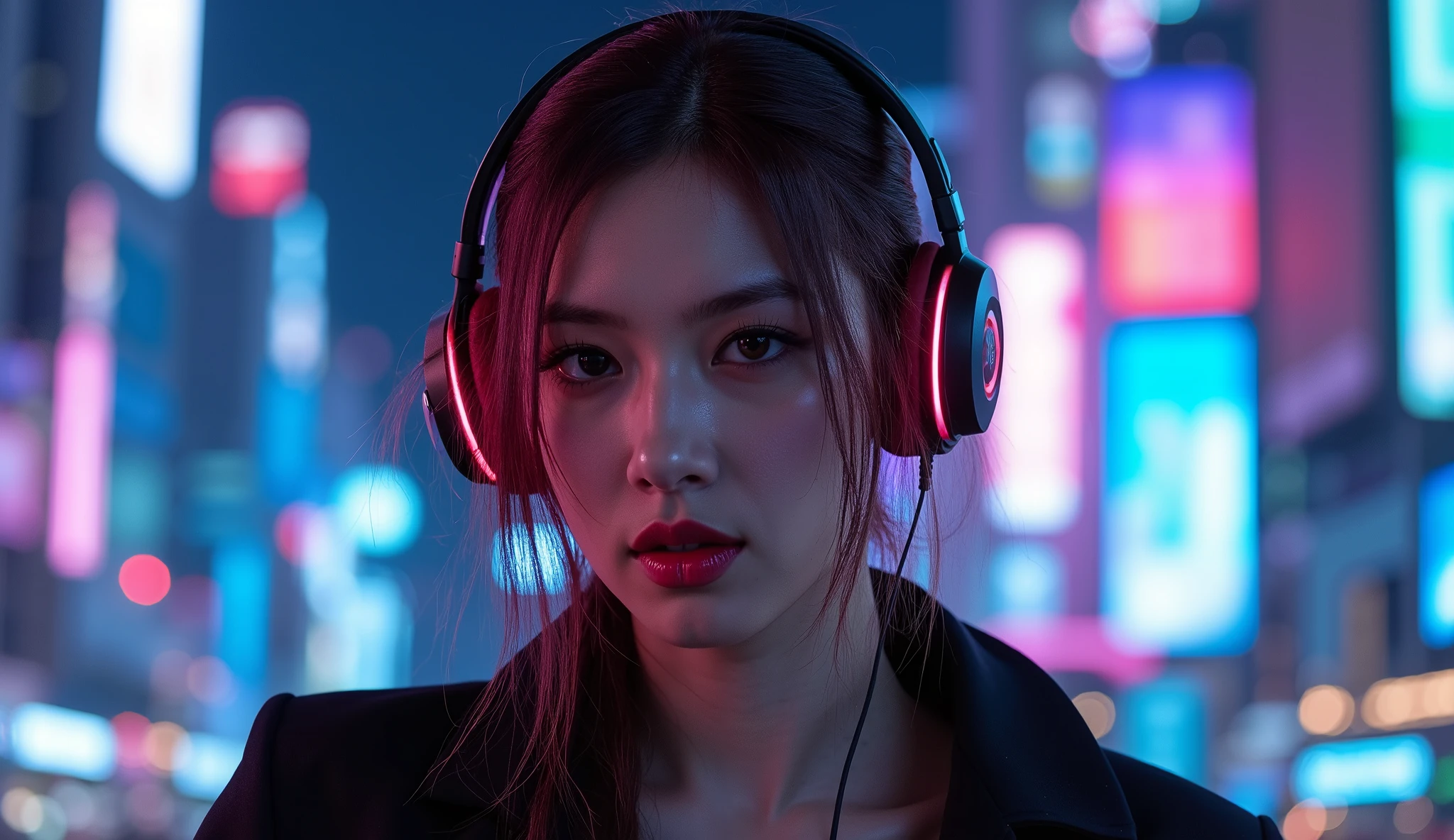 The best photos for TikTok、Beauty、 dynamic angle 、ヘッドフォンをしているBeauty、Night city background with neon lights