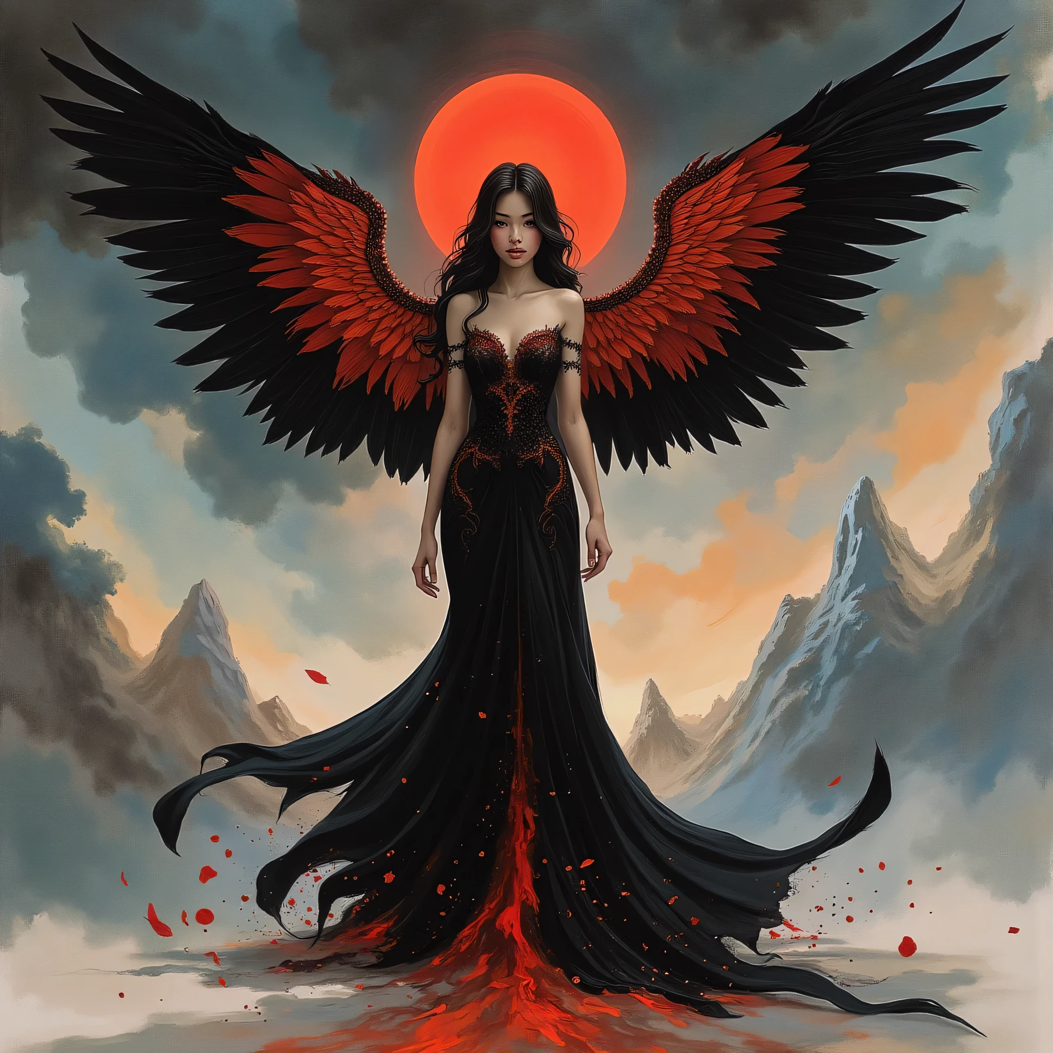 Detailed proportions and textures and multi-color with airbrushed brush strokes that presents a semi-realistic illustration in Chinese ink a female figure with striking, large wings. The wings are predominantly black with vibrant red accents, creating a dramatic contrast. The figure stands in a powerful pose, wearing a long, flowing black gown with intricate designs. Her skin is pale, and she has long, dark hair cascading down her shoulders. A glowing red halo hovers above her head, adding a mystical element. The background is a moody, cloudy sky with hints of mountains in the distance, enhancing the ethereal and otherworldly atmosphere of the scene.very balanced saturation in the color palettes very defined (Color with monochorome intense shaded tones and shine, tone red 25% + yellow 25% + blue 25% + biofluorescent 12.5%+ transparencias 12.5%. Aesthetic fusion by (Fibonacci ratio. A poupée realiste of a young girl ballet-like. female (Including a variety of pink skin and beige-dark tones that give it contrast and shine) character type. Fluid texture that gives the sensation of movement to the Thin, fine of leaves that moulds to the figure (her clothes with relief and folds give volume and depth to the character) style. Haute couture photoshoot (in high quality of full body). Sharp Highly Detailed Soft Focus, Approaching Perfection, Full HD 8K. High and Low Angles. of Coco Chanel, Gianni Versace, Alberto Vargas, Greg Rutkowsk art style fusion.