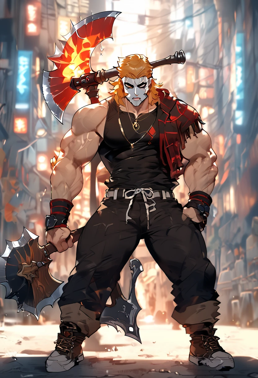 A demon from the anime Chainsaw Man. It has a hybrid hammer head, a war hammer head, with a muscular gray body, dark gray skin, shirtless, black hands, and looks fierce. beautiful, handsome, demonic, with a simple background. Focus on full body, masterpiece. An iron visor covering the eyes, demonic iron visor, bulge, yaoi, BREAK score_9, score_8_up, score_7_up