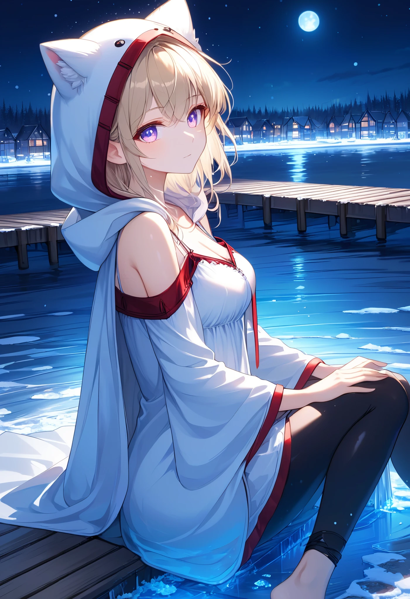 High Resolution, High Quality, High Detail, frozen dock, night, 1girl, blonde hair, violet eyes, medium breasts, white cat hood, white cloak, white camisole with red trim, grey skirt, black leggings, sandals, looking at viewer, arms behind back, reaching for viewer, side profile, feet in water, zoom in, sitting in water