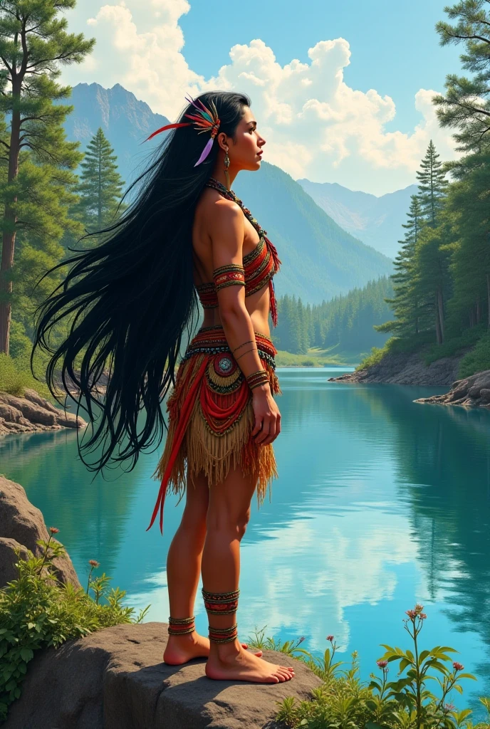 Painting of an indigenous woman with long hair on the shore of a lake, sitting on a rock