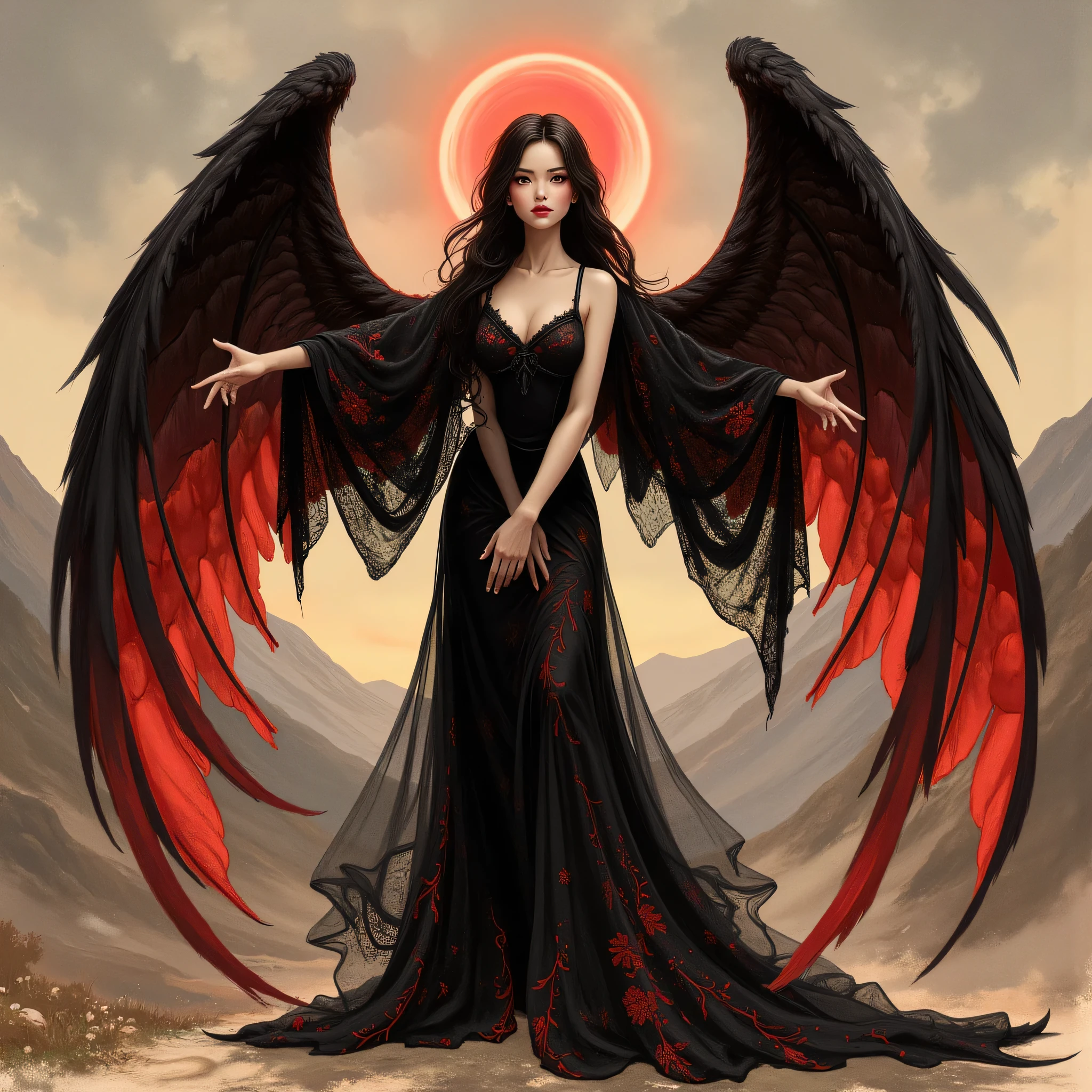Detailed proportions and textures and multi-color with airbrushed brush strokes that presents a semi-realistic illustration in Chinese ink a female figure with striking, large wings. The wings are predominantly black with vibrant red accents, creating a dramatic contrast. The figure stands in a powerful pose, wearing a long, flowing black gown with intricate designs. Her skin is pale, and she has long, dark hair cascading down her shoulders. A glowing red halo hovers above her head, adding a mystical element. The background is a moody, cloudy sky with hints of mountains in the distance, enhancing the ethereal and otherworldly atmosphere of the scene.very balanced saturation in the color palettes very defined (Color with monochorome intense shaded tones and shine, tone red 25% + yellow 25% + blue 25% + biofluorescent 12.5%+ transparencias 12.5%. Aesthetic fusion by (Fibonacci ratio. A poupée realiste of a young girl ballet-like. female (Including a variety of pink skin and beige-dark tones that give it contrast and shine) character type. Fluid texture that gives the sensation of movement to the Thin, fine of leaves that moulds to the figure (her clothes with relief and folds give volume and depth to the character) style. Haute couture photoshoot (in high quality of full body). Sharp Highly Detailed Soft Focus, Approaching Perfection, Full HD 8K. High and Low Angles. of Coco Chanel, Gianni Versace, Alberto Vargas, Greg Rutkowsk art style fusion.