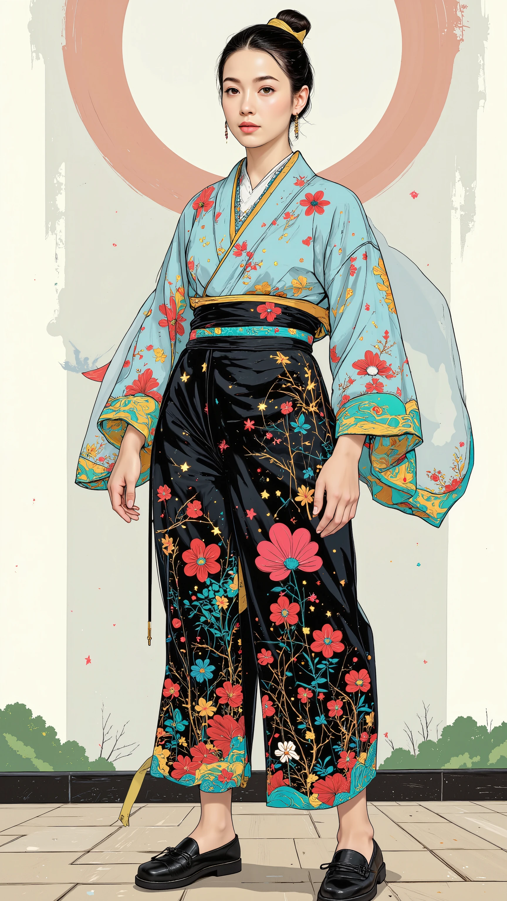 Vexel art, flat, minimalist: woman with kimono, strong outlines(contorno)
