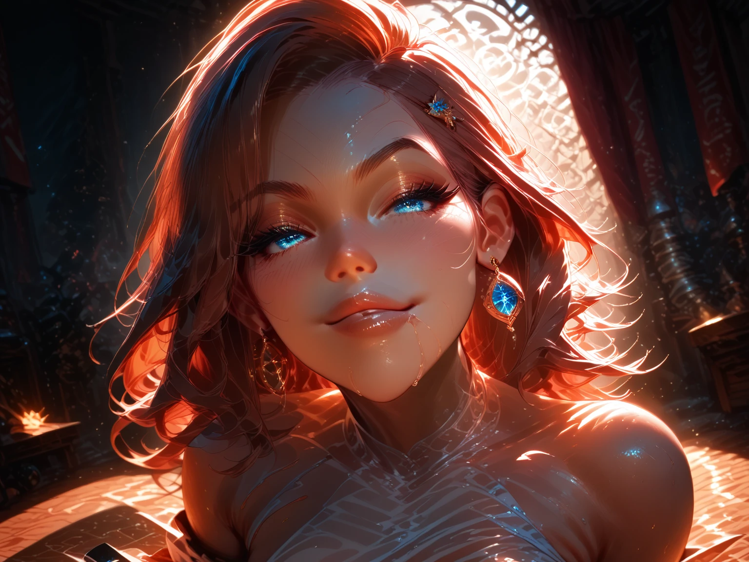 micro clothing, Erotic, beautiful, exquisite, sensual, ultra high definition, highest details, 8K, absurdres, giga pixel, volumetric lightings, focus on face, tempting smile, Dragonball cinematic universe, sideboob, light tracing, tournament of power, glistening realistic skin