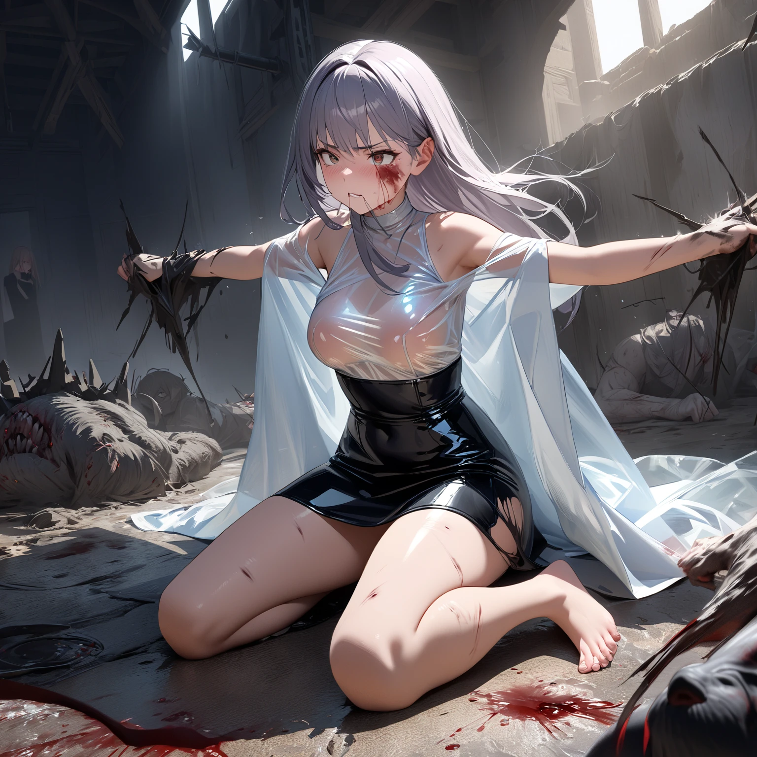 (best quality), (masterpiece), very aesthetic, absurdres, high res, all detailed, realistic, 1girl, (two side up), long hair, silver hair, (red pencil Dress, one side shoulders armor with Cape, pencil miniskirt), medium cleavage, [black thigh-highs], [white panties], (injury skin, scar skin, bleeding skin, torn clothes:1.1), Broken Armor, BREAK NSFW, (lying, on side), (one eye closed), cry, tears, sigh, blush, sweat, (outdoors, hill), shockwave, stone Debris, cinematic lighting, diffraction spikes, cowboy shot, three quarter view