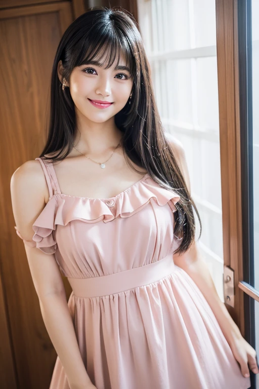The beauty of 8K raw photos:2.0, Japanese woman, beautiful face and dark eyes, looking down, looking at the viewer:1.5, big smile, wet hair, tiny top, (pink dress:1.2), shinny skin, realistic:1.9, very detailed, full body shot:1.2, High resolution RAW color photos, professional photos, Taken at in front of the rose window, girl sexy portrait