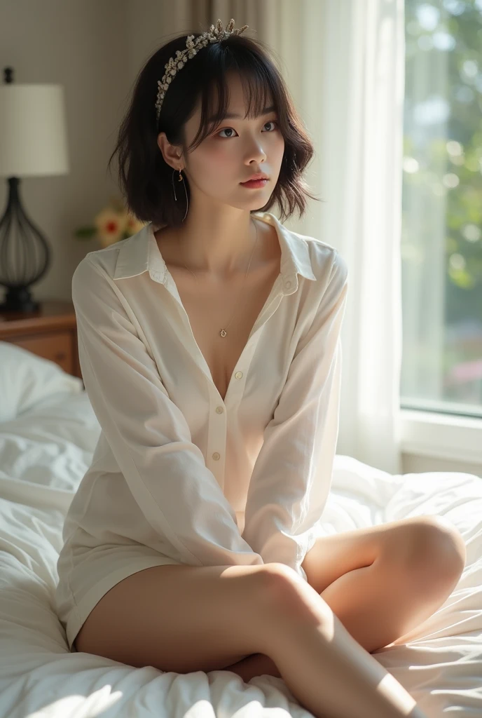 Best quality, masterpiece, ultra high res, (photorealistic:1.5), raw photo, 1girl,, in the dark, deep shadow, low key, cold light, sexy look, short hair, smooth , Deep neckline, sitting on a bed in a cozy bedroom. She is wearing a white silk nightgown that reaches her knees. The room is softly lit with a warm, ambient light from a bedside lamp, creating a relaxing and intimate atmosphere. The bed has soft, plush pillows and a neatly arranged blanket. The woman looks serene and comfortable, embodying elegance and tranquility.
