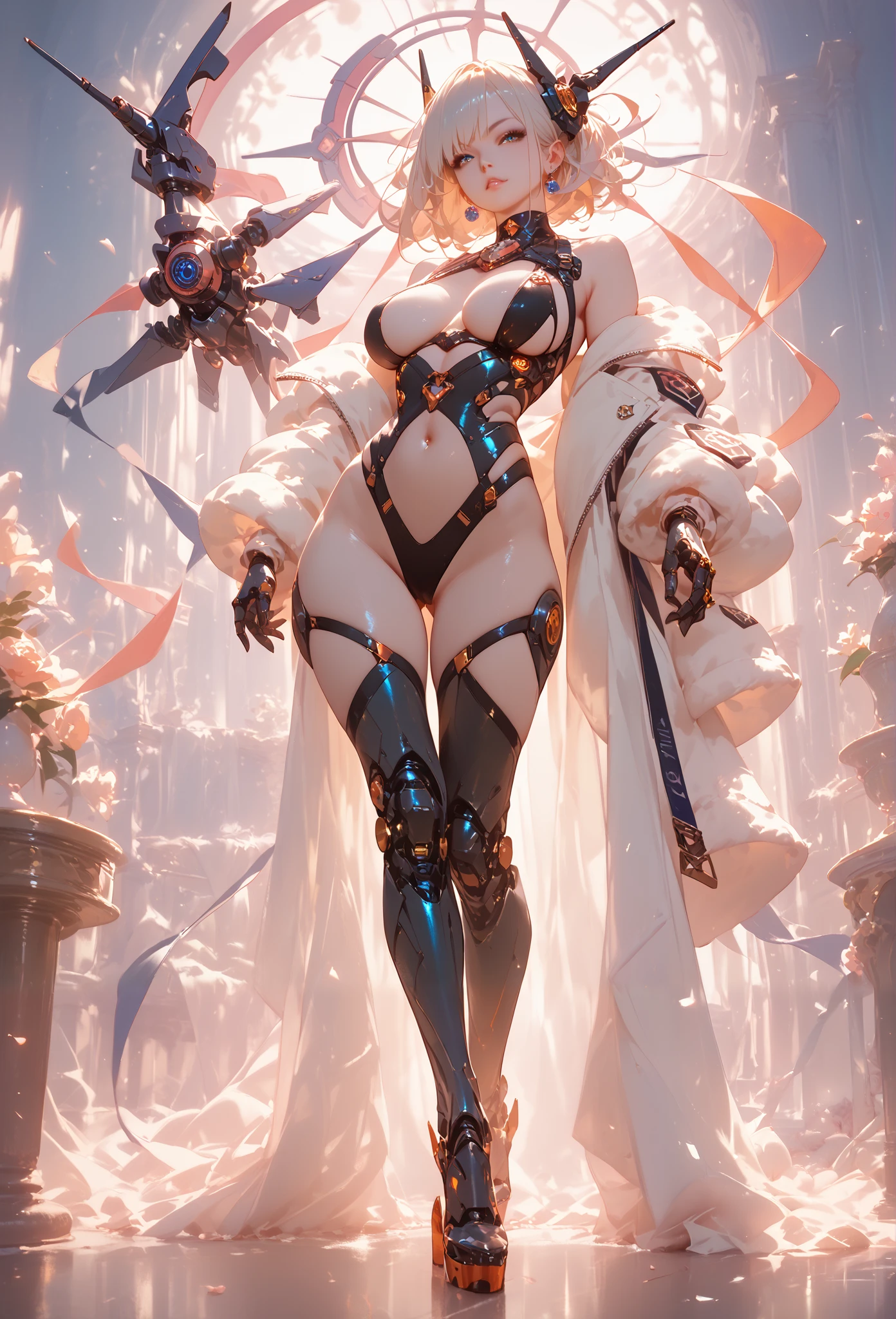 A lovely android woman, obviously mechanical arms and legs, shimmering sheer white gown, backlit eyes) performing ballet with large sweeping movements, spotlight, center stage