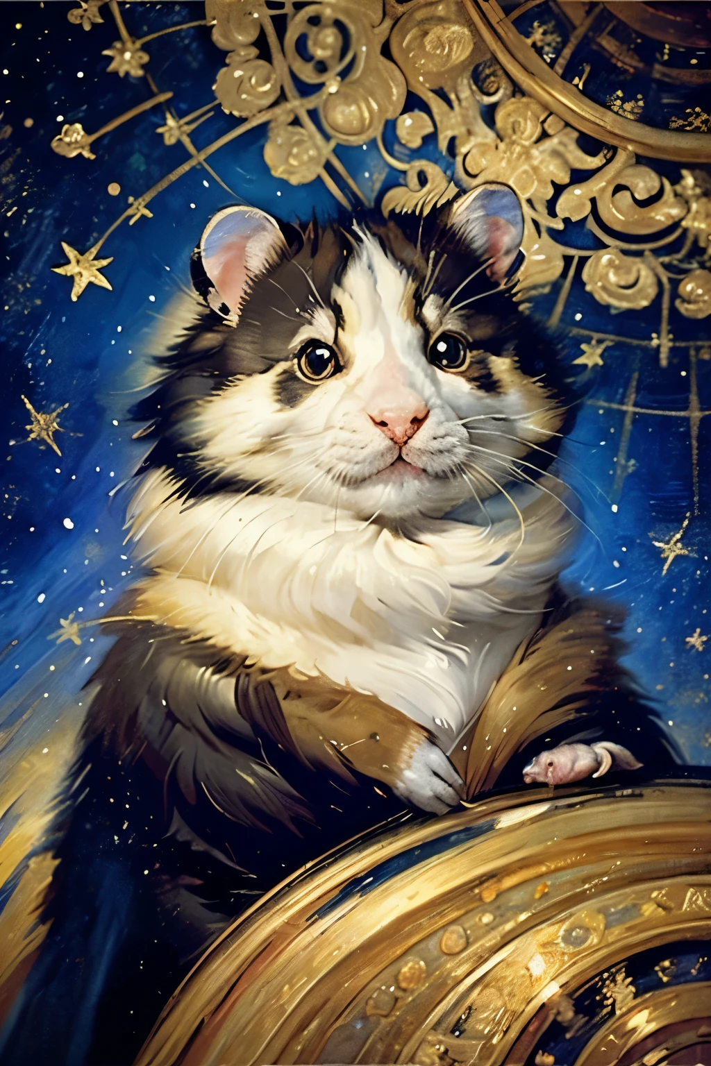 This oil painting style work depicts a single animal, a hamster, at the centre of a swirling night sky, reminiscent of Van Gogh's 'Starry Night'. The hamster's fur is layered with bold brushstrokes and touches of silver and white, creating a dynamic texture. The bright yellow stars in the background contrast with the flowing blue sky. It is a fantastical and emotional art style using Van Gogh's thick painting technique. The canvas is portrait-oriented with an aspect ratio of 2:3. Animal painting, animals only.
