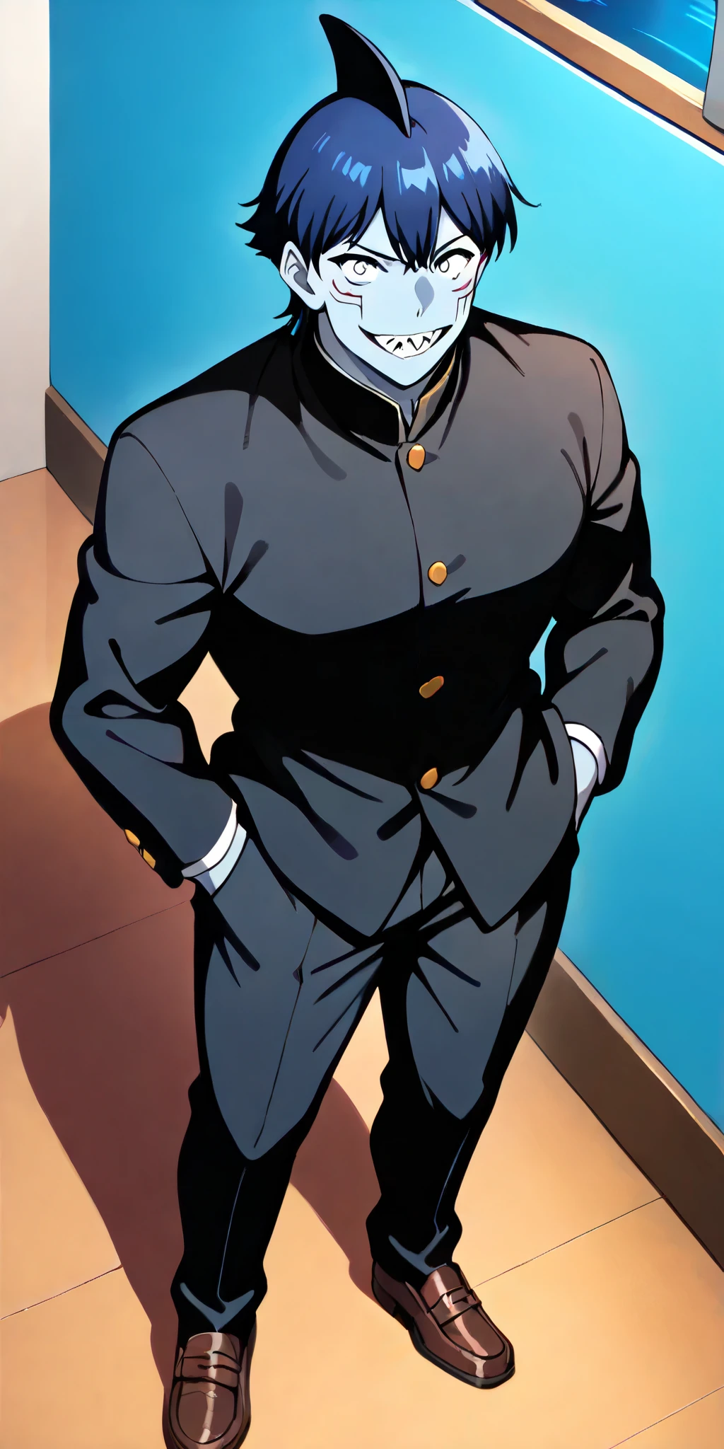 drawn in 80’s anime art style.
Retro anime. Vintage Anime. Classical Anime.
Black-Blue HAIR
(a very tall, muscular shinobi, and was the tallest member in Akatsuki. He had a distinctive shark-like appearance, complete with pale, blue-grey skin.
He has small, round, white eyes, 3 sets of curved facial markings under his eyes, gills on his shoulders, and sharp triangular teeth and also styled his blue hair in the form of a shark fin)
He is wearing a gakuran (Japanese School uniform), also called the (tsume-eri). Gakuran is a common japanese style of school uniform worn by men, traditionally by high school male students in Japan.
(uniform is black)
The Gakuran top is a long-sleeved black shirt with a round or stand-up collar that buttons up and down.
The top of the Gakuran has a standing collar buttoning down from top-to-bottom.
Buttons are Gold.
(Shirt is Black)
Pants are straight leg.
(Pants are Black)
Males usually wear penny loafers or sneakers with this uniform.
He is visiting a High School.