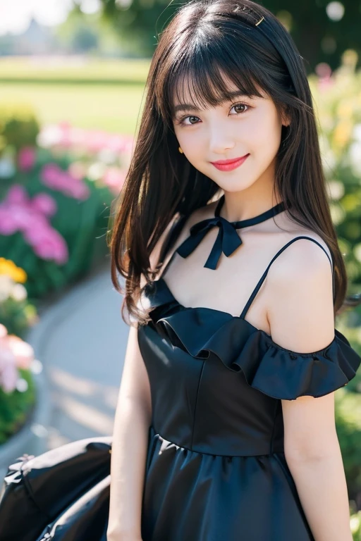 highest quality,masterpiece,Ultra-high resolution,(reality:1.4),Original photo,Cinema Lighting,
One Girl,,Backlight,Mountain,profile，立体的なprofile，good looking，cute,Black Dress、smile