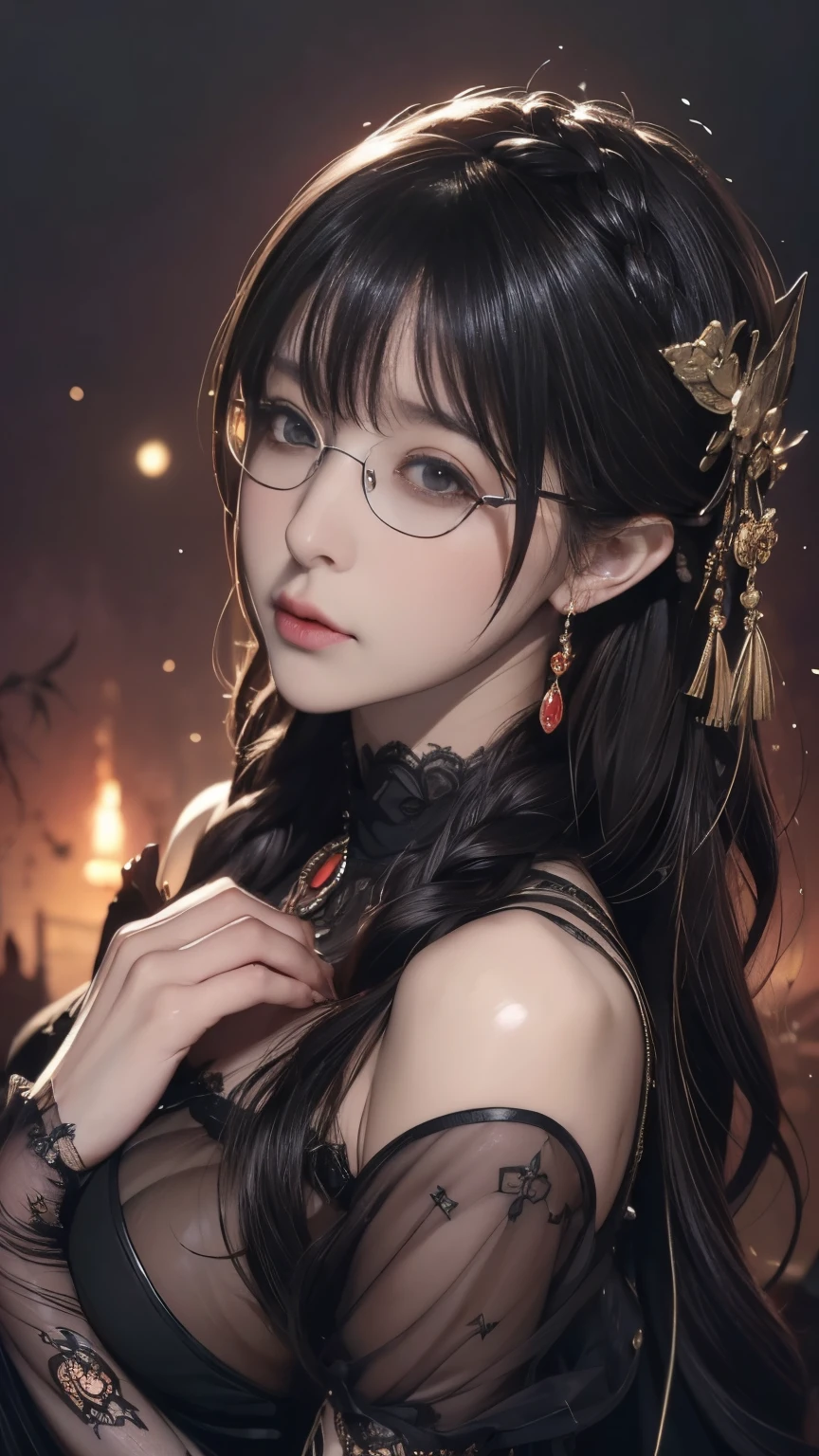 got itですかですか、(best illustrations)、8k UHD resolution、intricate details、highest quality、realistic、Super detailed、best lighting、best shadows、soft lighting、Ultra HD、超realistic、Tyndall effect、Photoreal、(high detail skin:1.2)、 (intricate details, compensate, face to face with the children_v1:0.5), (got it, beautiful and delicate face, got itですか, beautiful and delicate eyes, perfectly proportioned face, high resolution skins, fine skin, Optimal ratio of 4 fingers and 1 thumb, arm under chest, red tattoo on lower abdomen、Wow wow, wide hips, smooth abdomen, thin and thin skin, __fashion__, __hair__:1.25)、Digital single-lens reflex camera、 absurd、(table top: 1.3), (maximum resolution: 1.2), (Ultra HDTV: 1.2), cinematic light, fine eyes and skin, detailed facial features, , (sharp focus: 1.2), (focus on the face:1.2),perfect style, beautiful face, acura, anatomically correct, Highly detailed face and skin texture, fine eyes, double eyelid, thin eyebrows, glitter eyeliner: 1 natural cheeks, Glossy skin, Fair skin: 1.2, (glossy lips: 1.4),(embarrassed look: 1.2),Highly detailed face and skin texture, fine eyes, double eyelid, natural cheeks, glossy lips: 1.4,exposed cleavage、Bewitching。charm、 Beautiful devil woman from hell, Surreal female portraits by David Hockney and Alphonse Mucha, charm女性の肖像画、fantasy art, Chinese humanoid、chinese actress、dungeon、dragon、devil'palace of、devil'torture chamber、night、dark style 、in the dark、(detailed spooky background:0.8), magic、 1 girl、evil nun、dark necromancer、Succubus、devil'Daughter of、Shinonome Umi、bat wings,(((devil'Horn)))、 ((((giant glasses, otaku glasses, thick glasses, round glasses)))),(((big breasts)))、(devil'tail)、(red eyesは光り輝いて:1.6)、red eyesは非常に鮮明で詳細です, your eyes are made up so beautifully, ((red eyes:1.0)),intricate tattoo, demonic intricate tattoo, tattoo on thigh, body tattoo, masterpiece、最もbeautiful face、baby face、cute smile、beautiful plump red lips、筋肉のcharm体、devilのcharm体、devil style、charmブラックマジックコスチューム、The long-haired、Braid、Black hair、Ponytail distortion、, Ponytail with a bow tied at the back of the hair, beautiful expression、body up、big breasts強調、bust, super tight chest, Breast augmentation surgery, Breasts are very big and round,tight waist、wide ass、 secret key, cowboy lens, (black phoenix dress: 1.0), devil crown, red sparkling gemstone necklace、Jewelry G Wise, Please wear black mesh socks,Wearing light red、nffsw, nffsw, meet beautiful girls, look at the girl'body of,