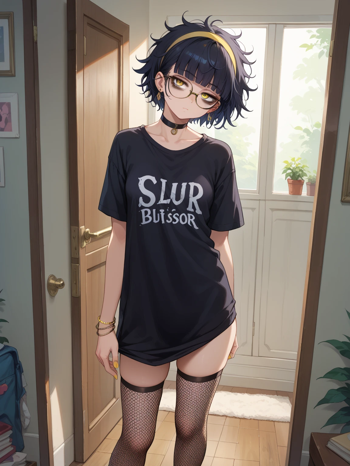 1girl,This detailed CG illustration at 8k resolution is of the highest quality and offers ultra-detailed detail. tetas con una altura de 2 y 1.0 centimeters and a thickness of 8.54 centimeters. El Messy Short Hair, personaje destaca (con su cabello azul oscuro y Azul acero y Azul regio y Azul) y (sus ojos morados y Violeta color) y Magenta, creando un contraste llamativo. Luce unas gafas y camiseta de bermuda