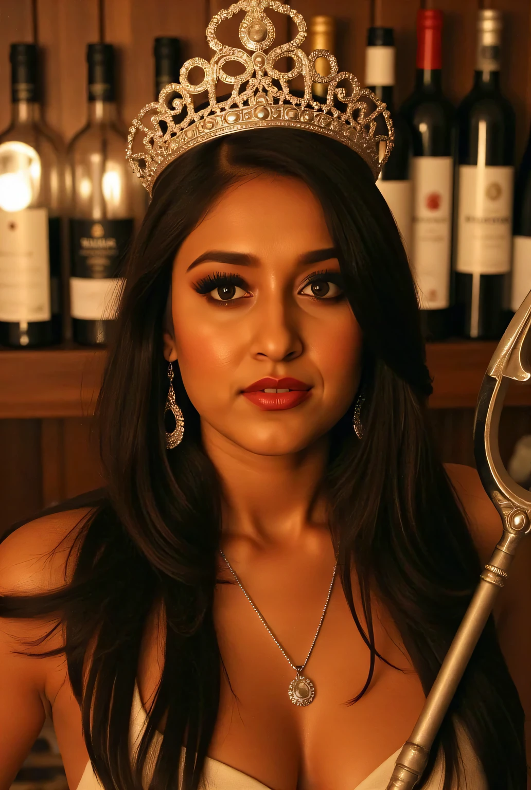 a beautiful powerful goddess durga,wearing a crown,full view,holding a Trident ,wine bottles background,hyper detailed,cinematic lighting,intricate details,photorealistic,8k,masterpiece,(best quality,4k,8k,highres,masterpiece:1.2),ultra-detailed,(realistic,photorealistic,photo-realistic:1.37),incredible detail,dramatic lighting,highly detailed face,beautiful detailed eyes,beautiful detailed lips,extremely detailed eyes and face,longeyelashes,dramatic pose,intricate jewelry,ornate trishul,glass bottles,reflective surfaces,atmospheric lighting