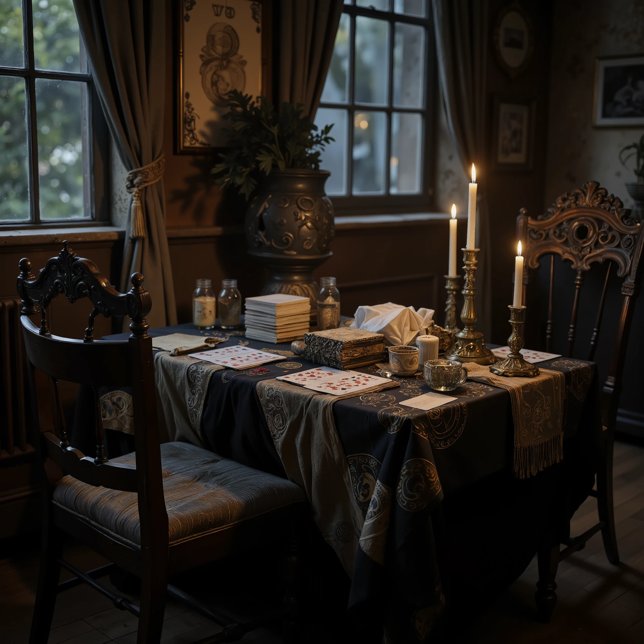  magini customer desk,  mystical atmosphere ,  in a cinematic style ,  modern decor ,  playing cards , witch symbol , candles, symbols on the tablecloth , magic energy in the air , two chairs and a table ,  maximum detail , 8k