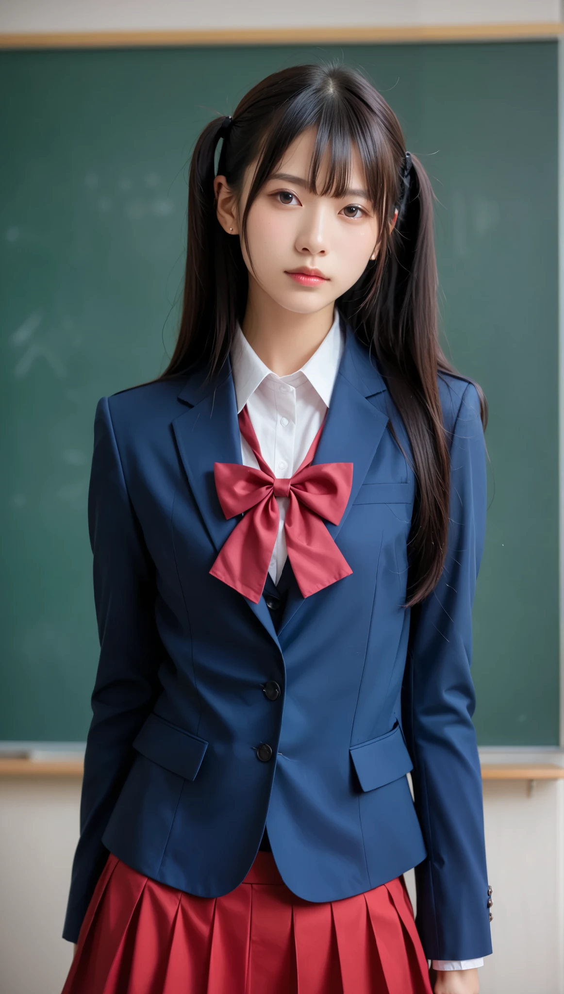 score_9, score_8_ Up the side , score_7_ Up the side ,s Up the side er detailed, Hausmo style ,32K,masterpiece, top quality,s Up the side er high definition,1 girl is the best,Alone,A head-to-toe view,Front , upright,student, long hair, black hair, realistic skin texture, blue blazer, red check skirt that sticks out the crotch, school classroom, realism,