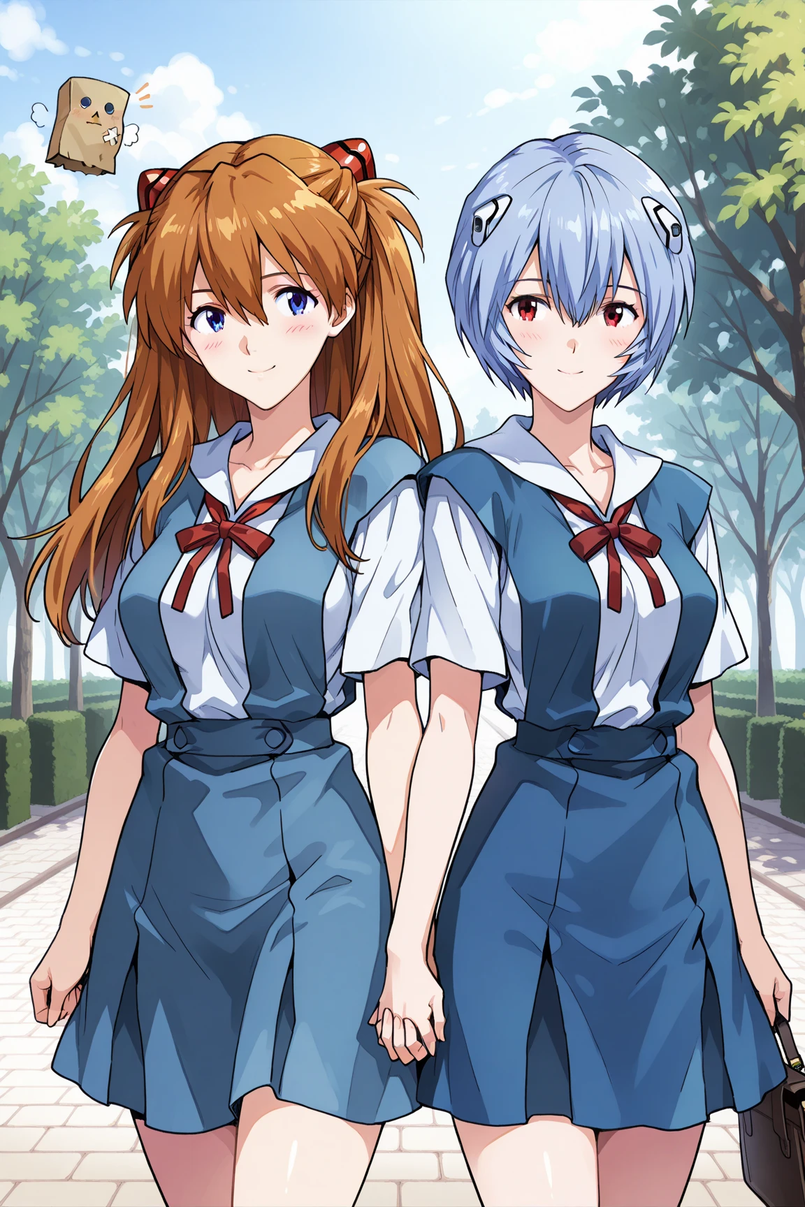 hand in hand, smile, A sunny day at the park , score_9, score_8_ up the side, score_7_ up the side,
score_6_ up the side, score_5_ up the side, score_4_ up the side,
source_evangelion, tokyo-3 middle uniform,
two beautiful girls, 18 years old, 2 pretty girls, friend, side by side, aligned,
最 high quality, high quality, Details, high resolution, 超 high resolution, perfect eye,
curvilinear, anatomically correct, Detailsな肌, big breasts, Rei Ayanami_(blue short hair, red eye), asuka langley , Ayanami Rei and Soryu Asuka Langley are holding hands, blush,