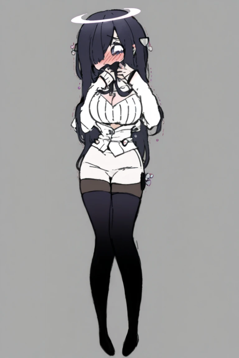 masterpiece full body toe to head beautiful woman butler, 1soloMILF BIMBO full body black uniform wearing a big belt (Nylon Belt for Women) (plain background) bracelets strong body standing by wooden pole
