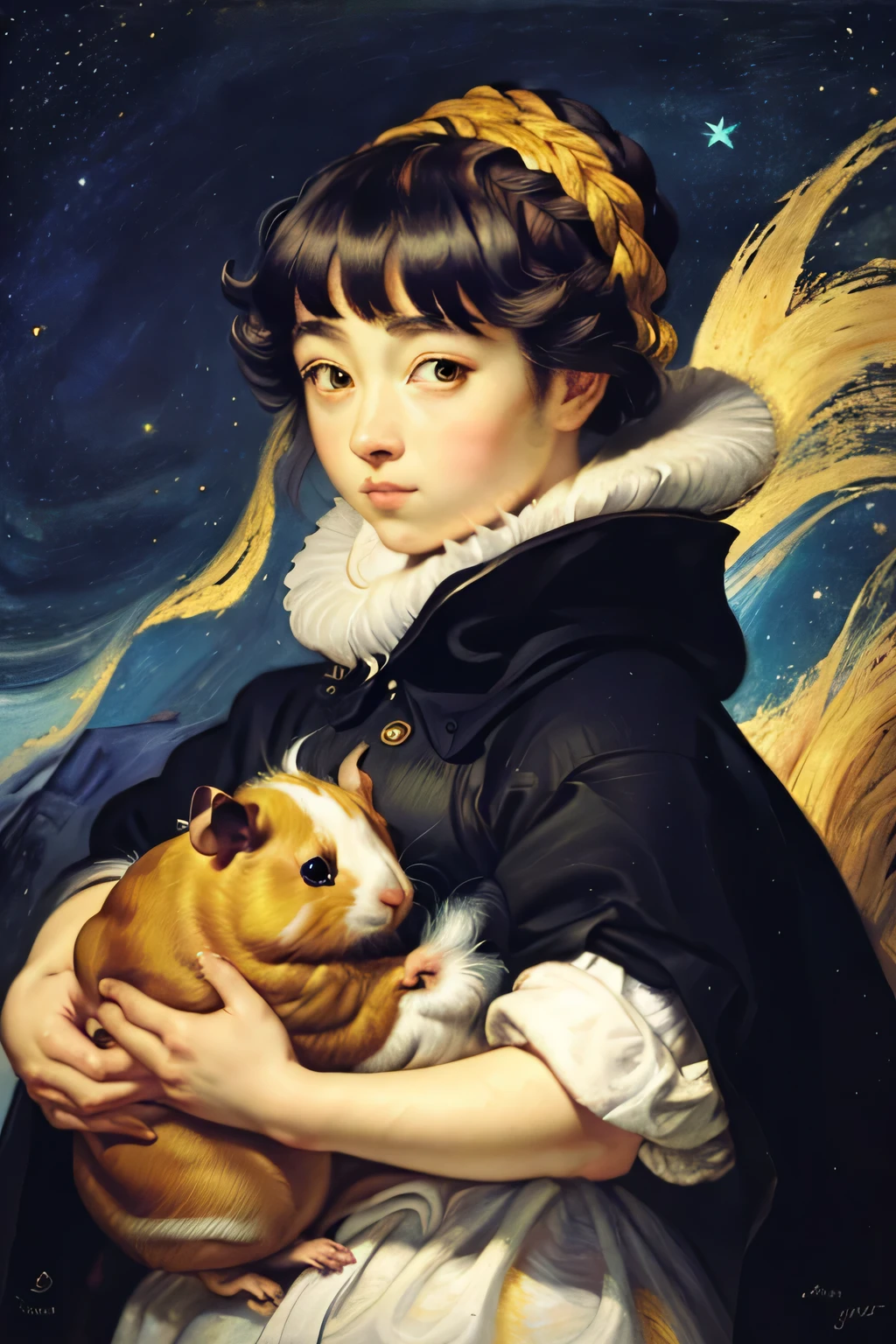 This oil painting-style art depicts a chestnut-colored guinea pig in the center under a swirling night sky like Van Gogh's “Starry Moonlit Night. The guinea pig's fur is layered with bold brush strokes and touches of blue, black, white, and yellow to create a dynamic texture. The bright yellow stars in the background contrast with the flowing blue sky. The art style is fantastical and emotional, using a Van Gogh-esque thick-painting technique.