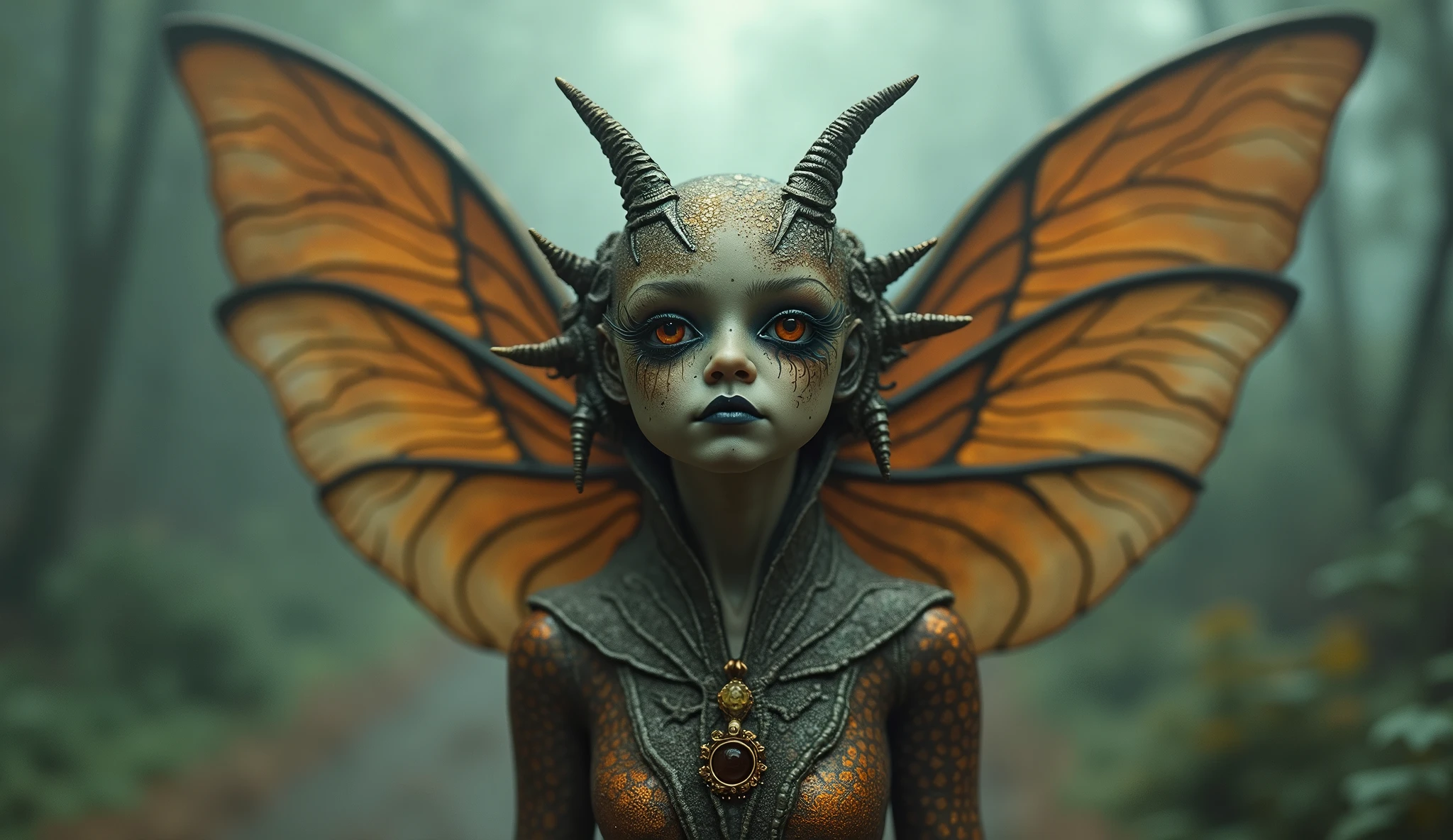 Magical fantasy creature
Fairy with a masculine appearance
Eyes without pupil
Pink eyes
Pink eyes
Flaky textured skin
without mouth
With black angel wings on the back