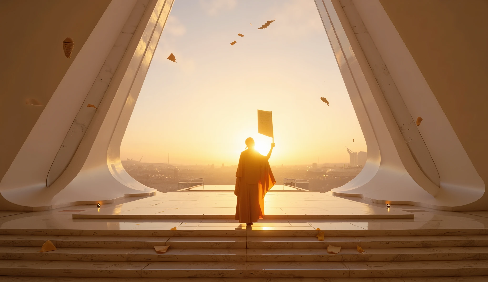 A lone figure stands at the top of a grand marble staircase, bathed in the golden light of dawn. Before them, a massive futuristic gateway, framed by towering white pillars and translucent glass arches, opens to an endless horizon. Ancient paper fragments float in the air, dissolving into radiant light, symbolizing the past fading away. The person, draped in warm-hued garments, holds a glowing parchment— their declaration of emancipation. The background reveals a futuristic city with shimmering, weightless structures that suggest limitless freedom and boundless possibilities. The scene is rendered in stunning 4K resolution, hyperrealistic textures, and cinematic lighting, capturing every detail with breathtaking depth and clarity.