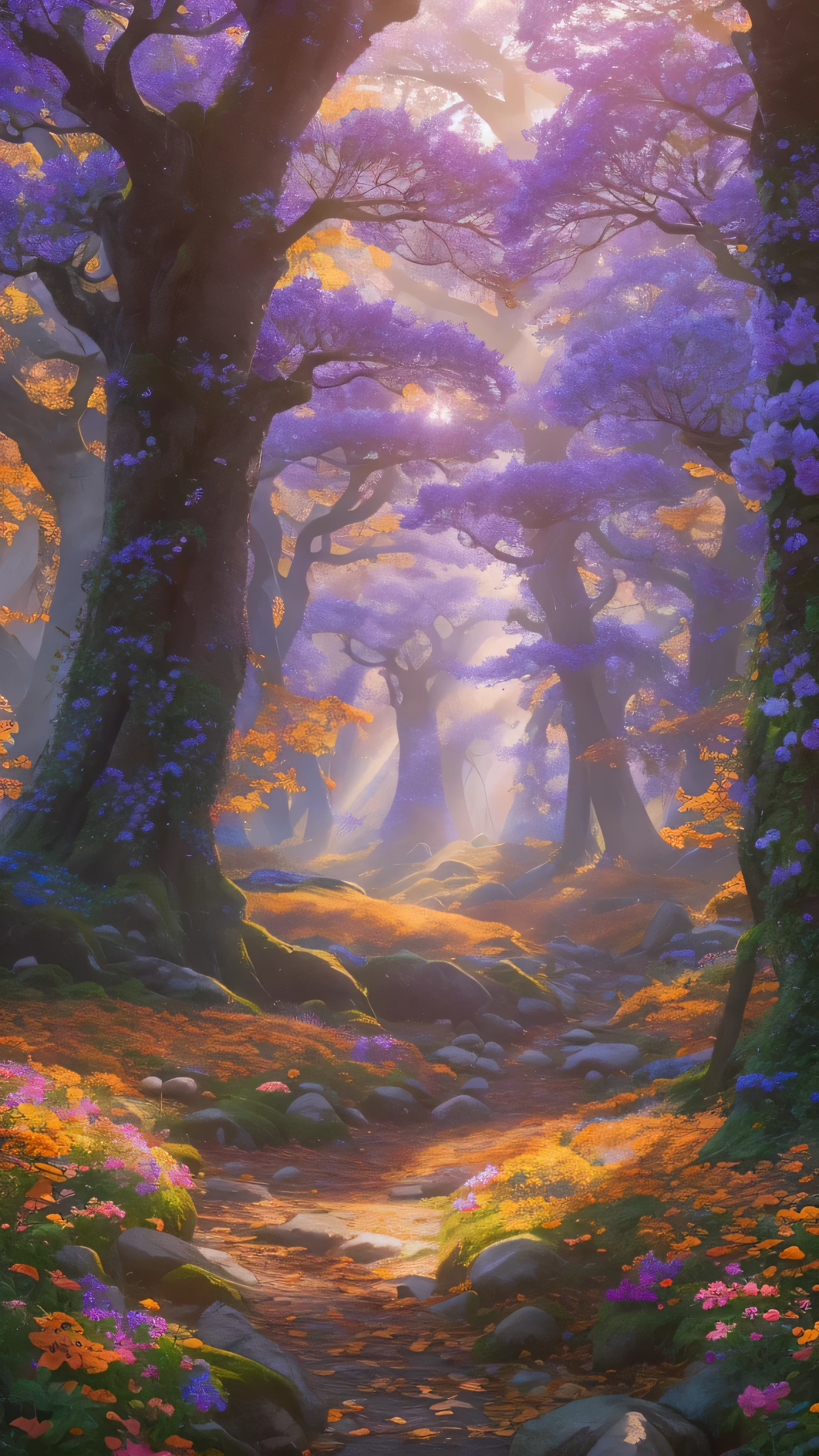 Painting of a forest with a path and trees in the middle - SeaArt AI