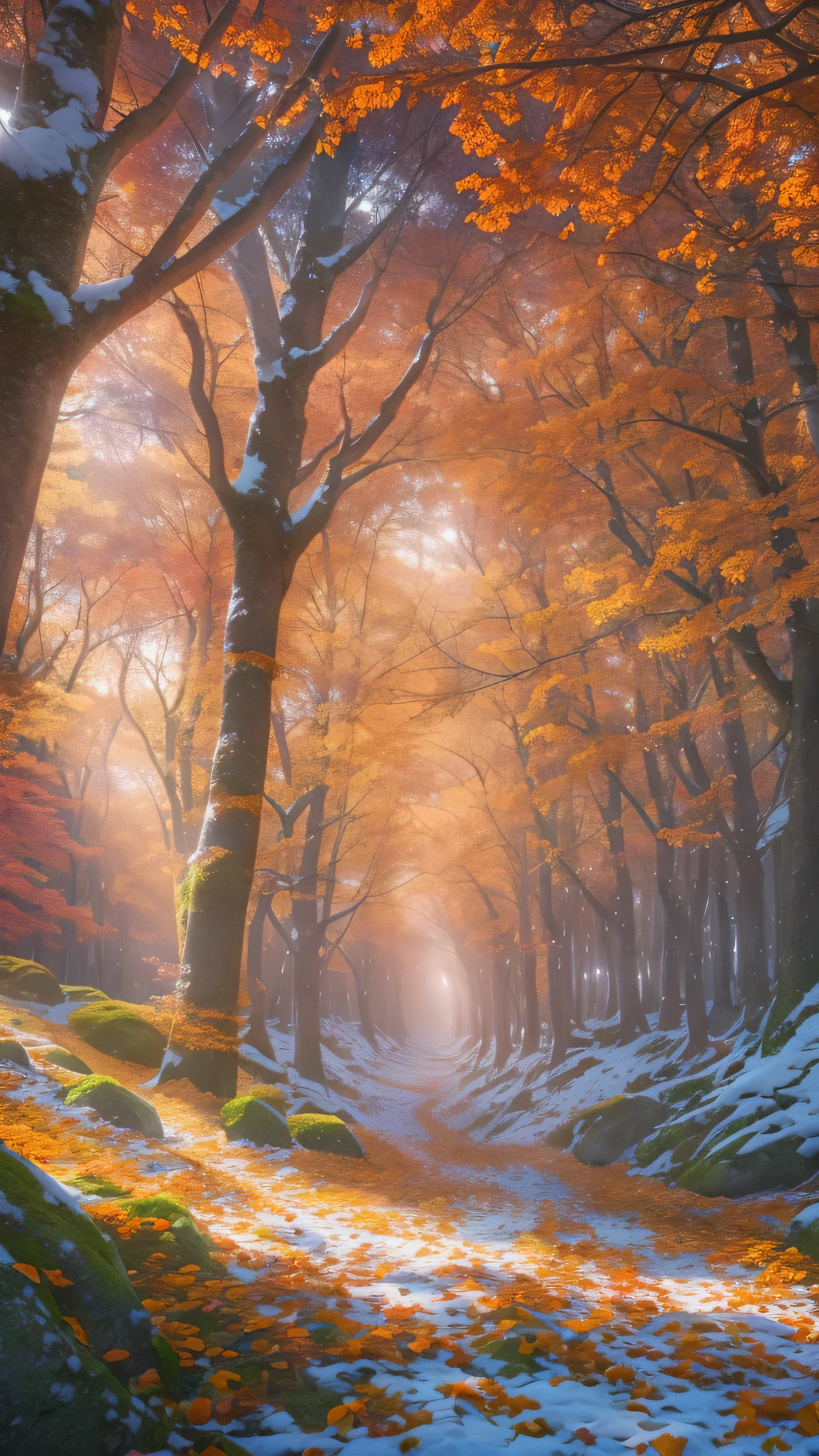 highdefinition images , Colorful trees々and orange flowers 々、 a mysterious forest where magical beings hide in the branches, 8k, High Quality Giant Forest 、Sunshine filtering through the trees、 A forest where fairies are believed to live 、 The soft morning sun shines through the snowy mountains of the Alps 。