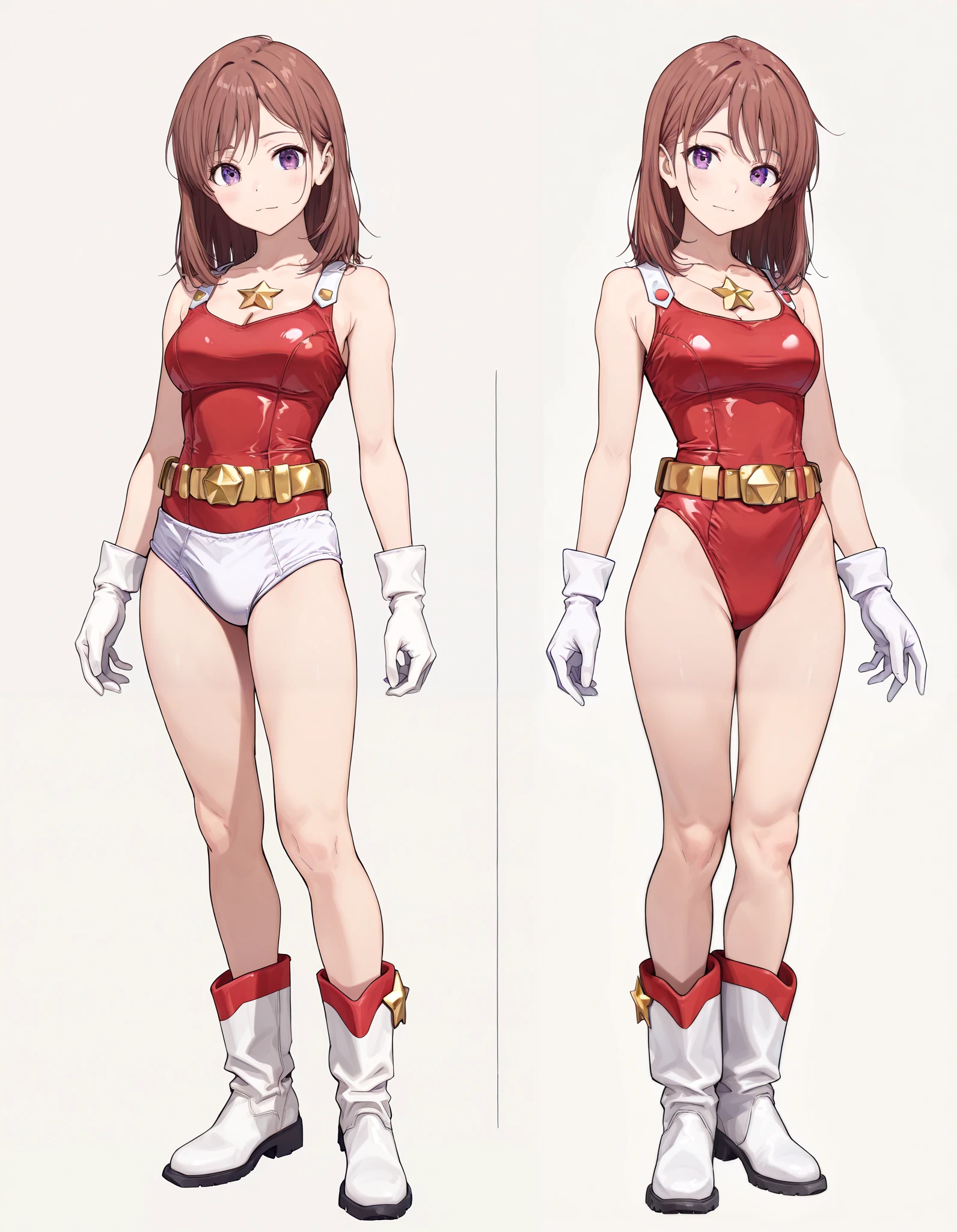 (masterpiece), (best quality), (high res), medium breasts, ((leotard, white and red leotard, matching leotard, sleeveless, bare legs)), ((tight belt, gold belt)), ((boots, matching boots, ankle-high boots, white boots)), ((gloves, white gloves)), solo, solo focus, standing, ((beautiful detailed eyes)), ((gold star symbol on chest)), (brown hair, medium hair, bob hair, purple eyes), (perfect hands, perfect anatomy), superhero, full body costume design. Simple background, multiple views, Character Sheet Full-Length.