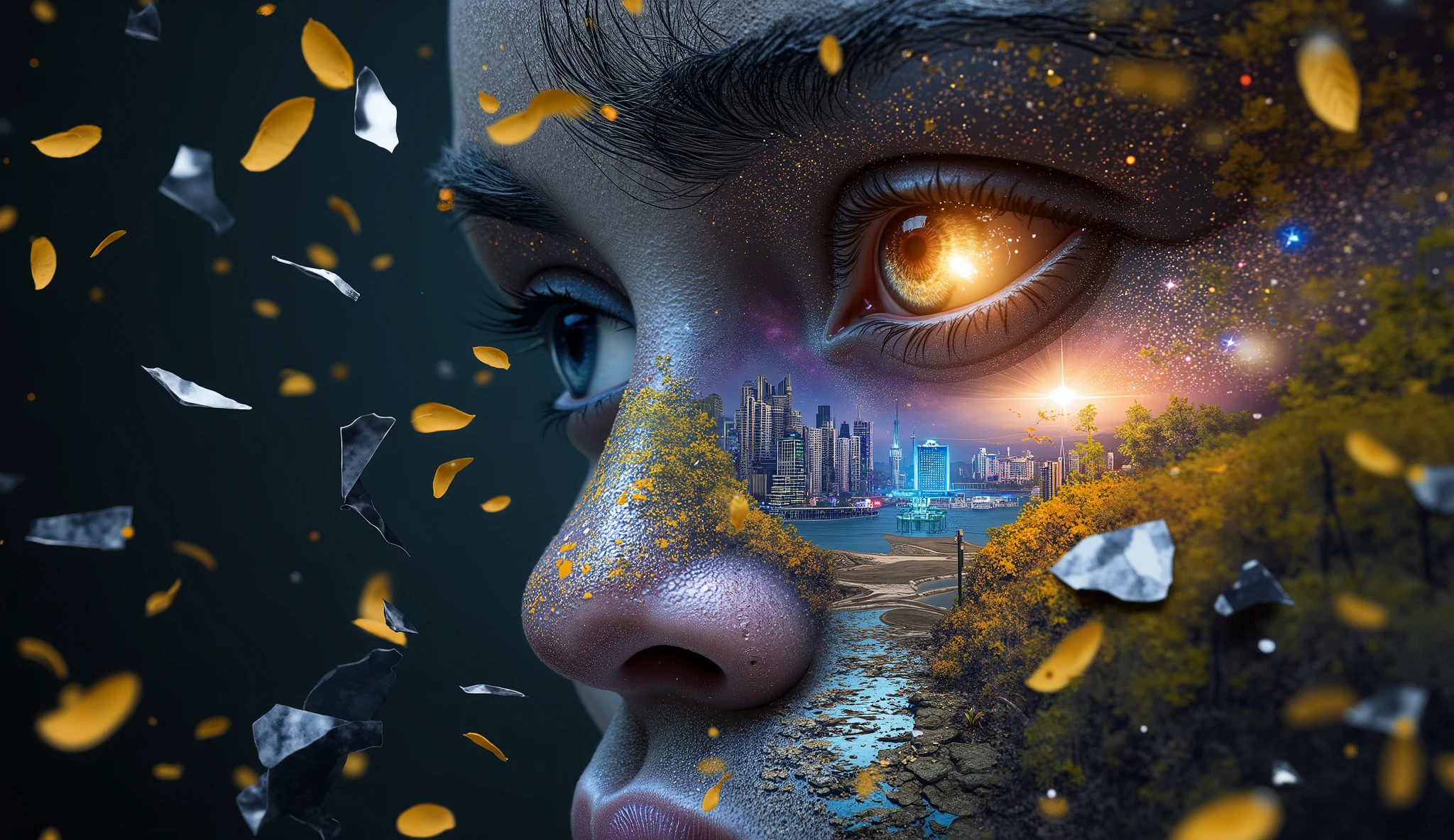 A hyperrealistic close-up of a human face, seamlessly merging with a surreal landscape. One eye reflects a bustling futuristic metropolis with neon lights and towering skyscrapers, while the other reveals a serene forest with glowing rivers and floating bioluminescent petals. Their translucent skin reveals a cosmic expanse within—galaxies, nebulae, and constellations swirling in deep space, symbolizing the vast universe inside. Ethereal golden leaves and shattered mirror fragments float in the air, reflecting shifting realities. The composition is captured in breathtaking 4K resolution with ultra-sharp details, dramatic lighting, and photorealistic textures that create a striking contrast between chaos and serenity."