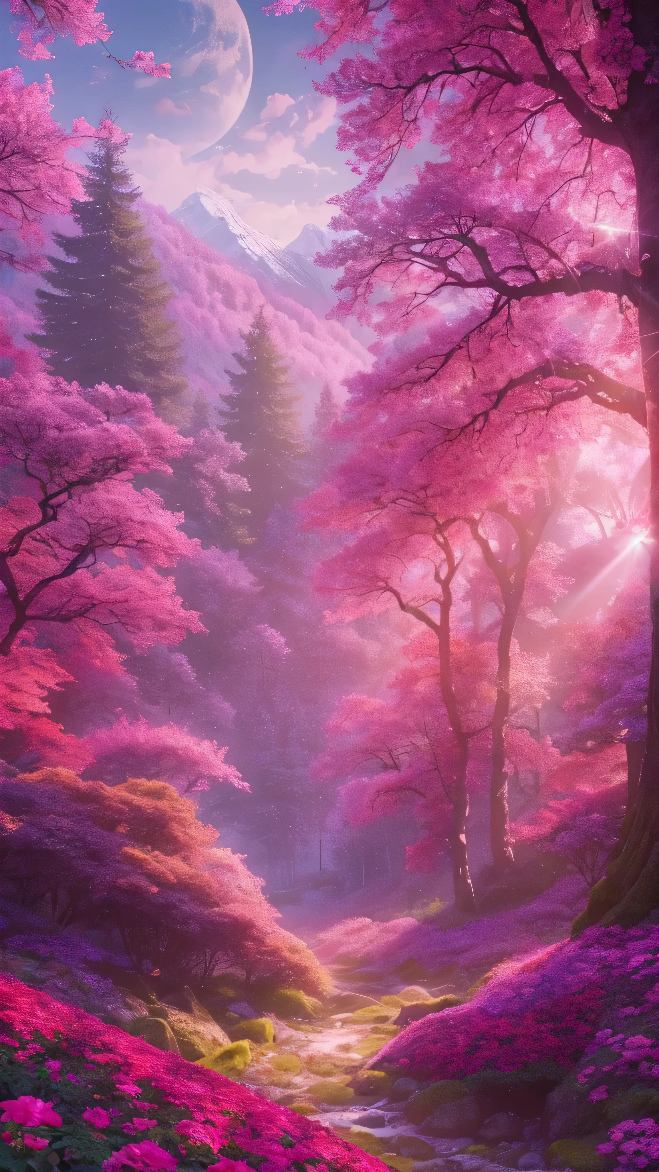 A painting of a forest with pink flowers and trees - SeaArt AI