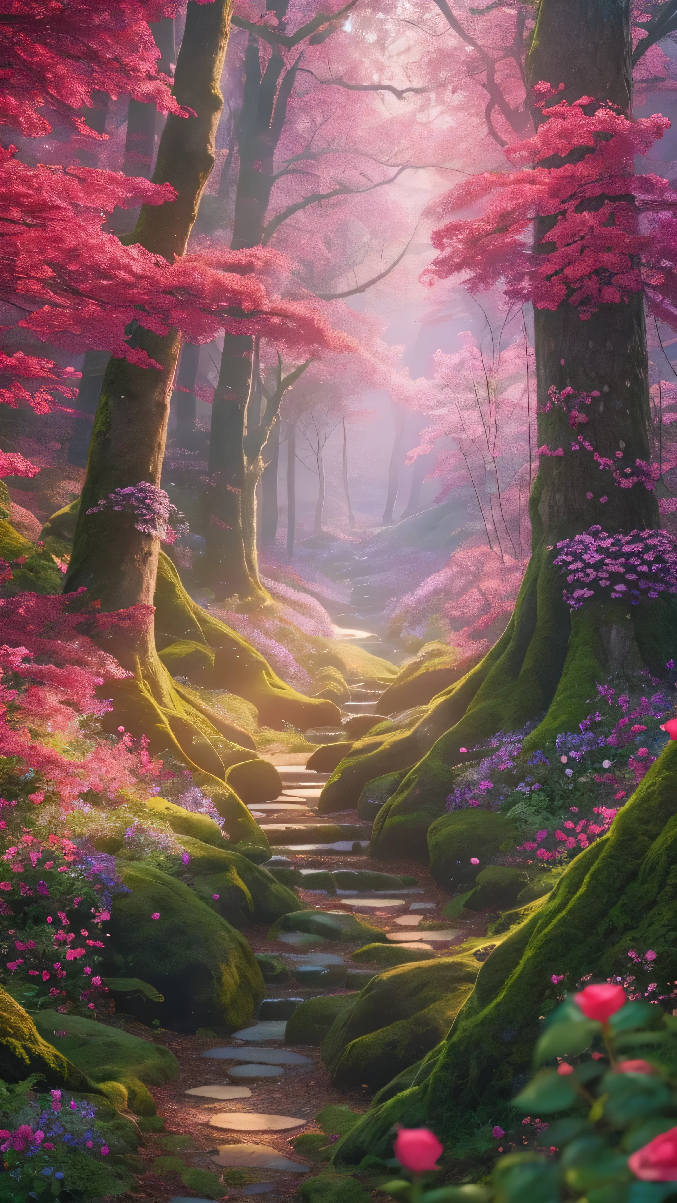A painting of a path in a forest with pink flowers - SeaArt AI