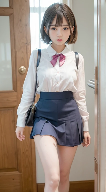 hight resolution、high-level image quality、in 8K、Real live-action、Raw photography、top-quality、masterpiece、masutepiece、Erotic、Pupils、Pink bra,de pele branca,kne, Detailed panty patterns、panties focus、Pink lace panties、absurderes,a small face、huge-breasted、poneyTail、Parting the bangs from the middle、Forehead visible,(a cold expression<Tight eyes,glares,Bullish,Thin anger)、masterpiece,top-quality、超A high resolution,Raw photo,ren,Beautiful fece,One Person, 独奏,Dark look,Small breasts,fullllbody、Very nice、Officelady, Black Office Blazer, Office Skirt, (panthyhose: 1.2)、(Short button-down shirt:1.2)、A Japanese Lady,is standing,(Photorealsitic:1.37)、Photon mapping,Pink ribbon,Realistic、Cute little face,Brown-eyed、18 years old, adult woman、(Red bow tie)、Radio City、Physically Based Rendering、Foreground、depth of fields、Blurry background、a picture,The girls、Body,beauty legs, Long legs, Thin leg,Long bob cut,(Bangs are visible), hair, s lips, Blue_The eye, nosesoft,(PINK SHIRT), (Navy Tight Skirt), Knees are visible,Sheer clothing, Thigh, Nogizaka Idol, 女優, Japanese ido、Sparkling eyes、shiny lip、too bright natural light、The Bright Sun、Too bright sunlight、