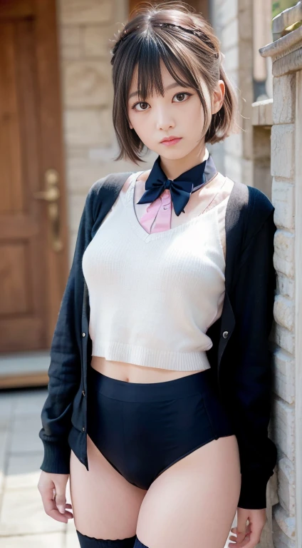 hight resolution、high-level image quality、8K、Real live-action、Raw photography、top-quality、masterpiece、masutepiece、Erotic、Pupils、Pink bra,de pele branca,kne,(Black pantyhose),Detailed panty patterns、panties focus、pink color panties、Tiny panties、absurderes,a small face、huge-breasted、Parting the bangs from the middle、Forehead visible,(a cold expression<Tight eyes,glares,Bullish,Thin anger)、masterpiece,top-quality、超A high resolution,Raw photo,ren,Beautiful fece,One Person, 独奏,Dark look,Small breasts,fullllbody、Very nice、JK school uniform,hi-school girl,A Japanese Lady,is standing,(Photorealsitic:1.37)、Photon mapping,Light blue ribbon,Realistic、Cute little face,Brown-eyed、Black socks、22year old、(Red bow tie)、Radio City、Physically Based Rendering、Foreground、depth of fields、Blurry background、a picture,The girls、Body,beauty legs, Long legs, Thin leg,Long bob cut,(Bangs are visible), hair, s lips, Blue_The eye, nosesoft,(PINK SHIRT), (Navy pleated skirt), Navy blue uniform jacket、White Sweater Vest、Knees are visible,Sheer clothing,, Thigh, Black cotton socks,Nogizaka Idol, 女優, Japanese ido、Sparkling eyes、shiny lip、Long bob cut