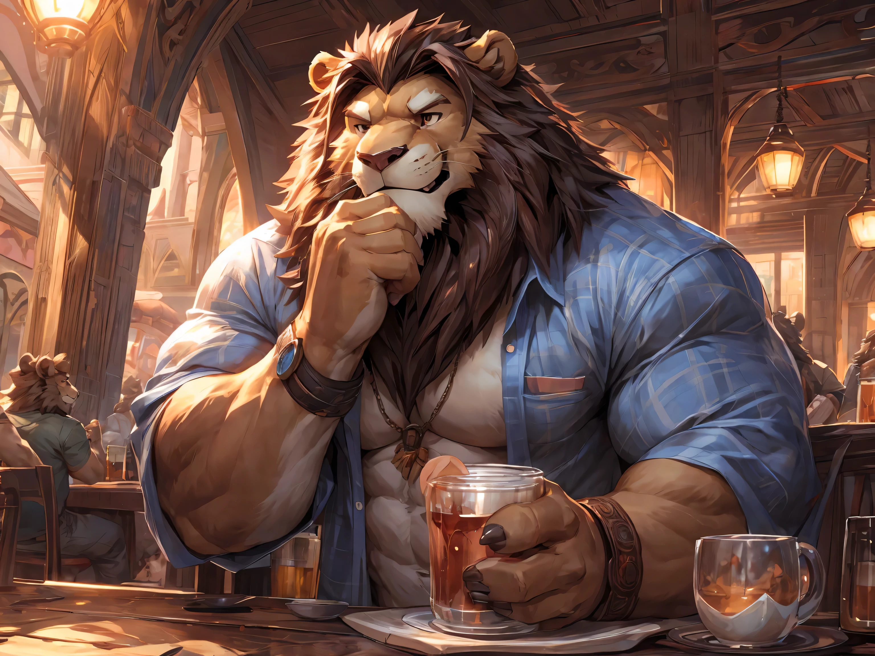 solo, male focus, lloydip, lion, blue eyes, blue nose, blue tongue, mane, vest, shirt, bow, sitting on chair, looking at viewer, smile, open mouth, teeth, detailed bar background, sunlight, masterpiece, intricate, ((detailed face, detailed eyes)), by zackarry911, by zaush, (by personalami:0.5), erection, thick cock,