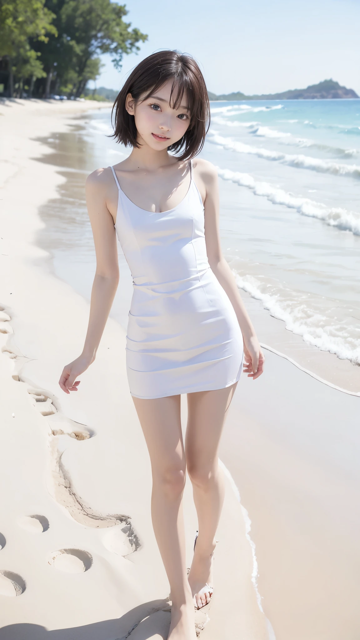 There are beautiful women in tight skirt suits on the beach, Beige tight skirt,Wrap tightly around hips,Skirt,Fits snugly against the skin,full-body xianxia, Beautiful girl, Beautiful face,The skin of the face is fair and shiny,二重まぶた,beautidful eyes,attractive smile,Delicate hair,medium boob,Slim waist,slim toned body,Slim calves,White with luster,Barefoot,White and tender toes,Elegant posture,Fairy air fluttering,fully body photo