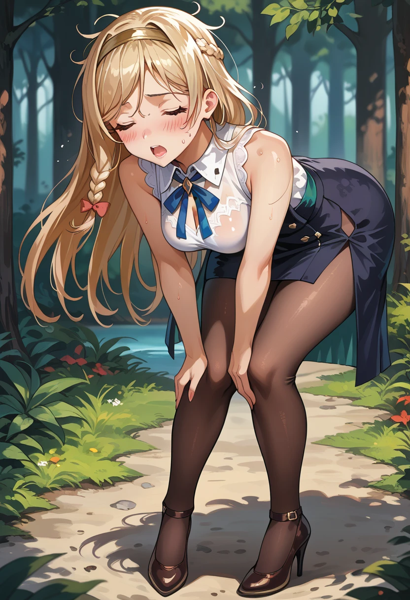 Browsing Caution, score_9, score_8_wonderful, anime, Celes Scheele, blonde, Blue headband, Green leotard, bracelet, Cleavage, Beautiful Eyes, Perfect Face, Perfect hands, Perfect Fingers, hanging breasts, Very beautiful long legs, Thighs, pantyhose. Puffy nipples, Pussy juice, ahegao, trembling, foot focus, trembling, arms behind head, footjob, Armpit Hair, Black areola