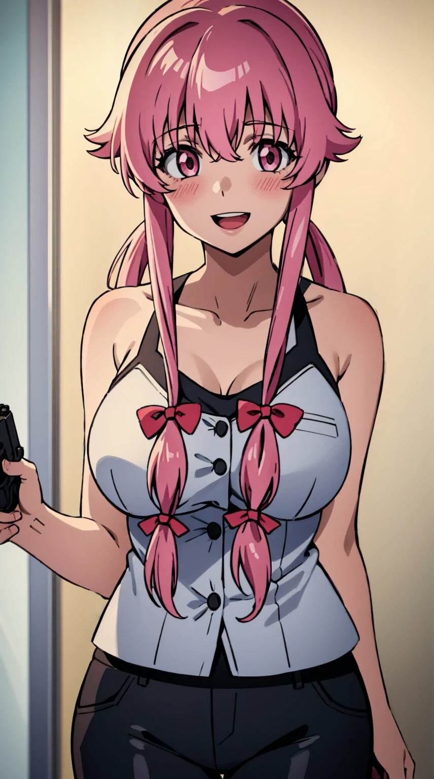 anime_still, masterpiece, best quality, 1girl, Gasai Yuno, long hair, pink hair, low twintails, smile, naked, red eyes, (large breasts:1.5),1girl, black choker, dark grey, overalls, leather gloves, black boots, ((nigth:1.5)), window behind her with the moonlight shining through, blood on floor, horror scane, (evil smile:1.4), (evil eyes:1.6)