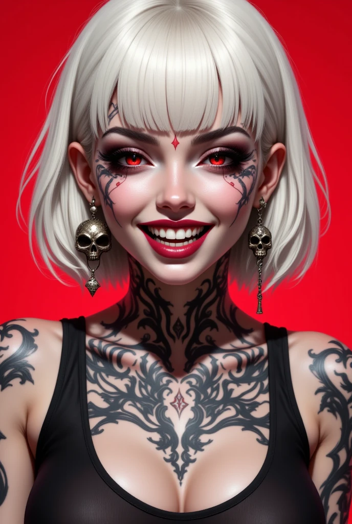 A blonde woman, smiling, grinning, red shirt black heart on it, tattoos, black earrings of skulls, waist tattoo, leg tattoos, black shorts, necklace of heart, bracelets of iron chunks, cute, attractive, bright cherry red glowing demonic eyes