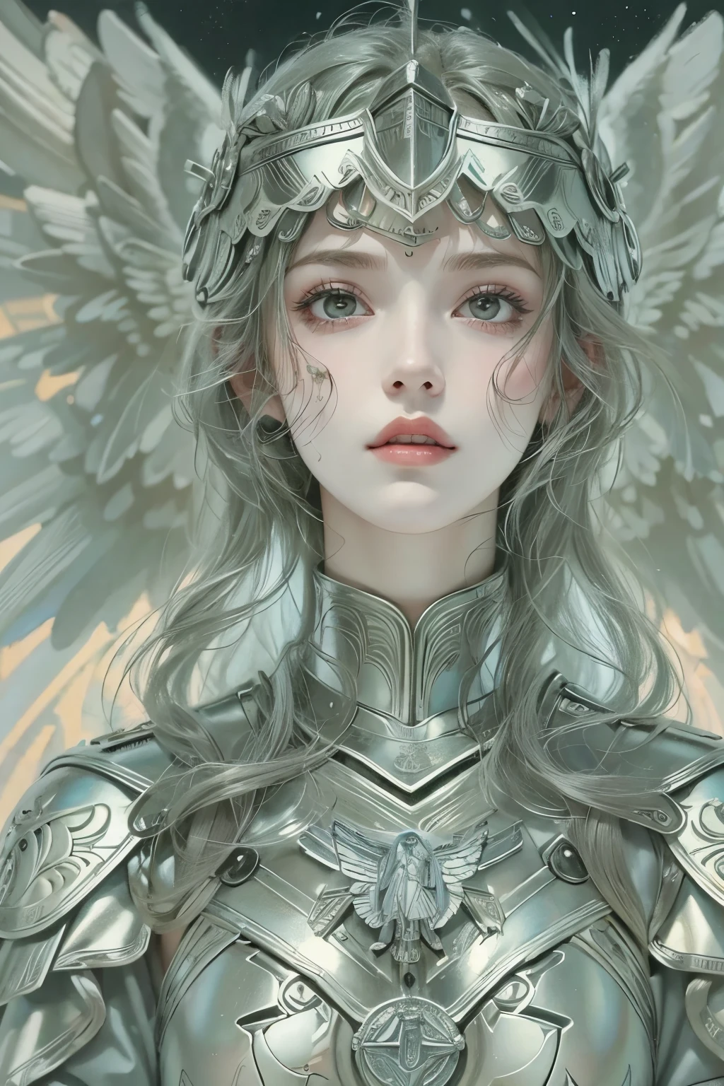 (A young female angel in armor :1.2)、( Valkyrie )、 graphic novel style , portrait,whole body、 detailed face, detailed skin, beautiful hair、 in the style of Stanley Donwood, Klimt style 、Fibonacci, Ink Art, ( top quality、 high resolution、 Masterpiece)、8k、wallpaper、