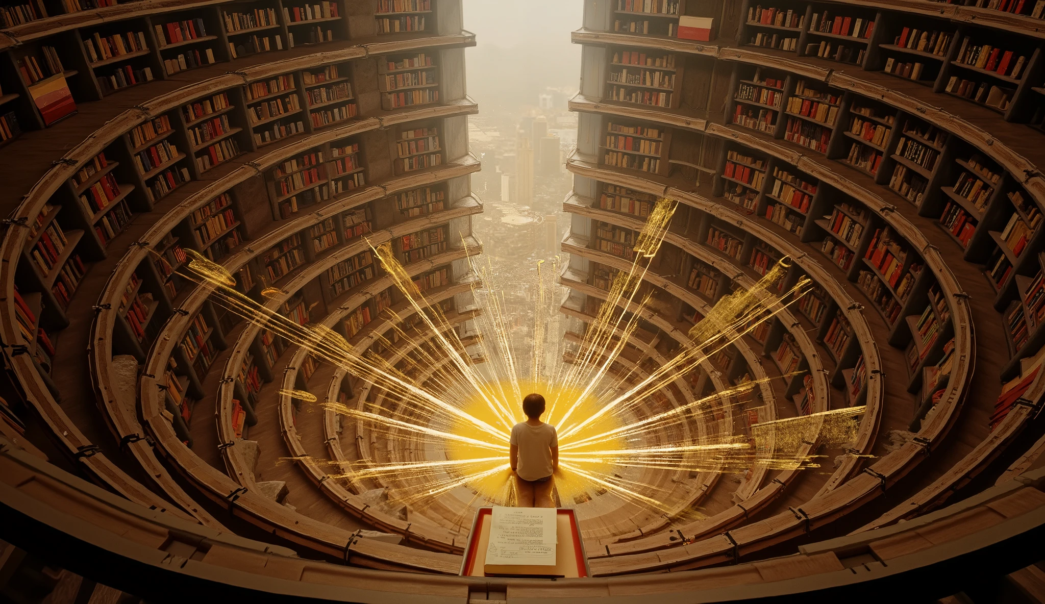 An awe-inspiring, circular library with towering bookshelves that spiral upward, dissolving into an open sky filled with drifting, blank pages waiting to be written. At the center, a lone figure writes in a glowing golden book, and as they do, luminous threads of energy extend outward, connecting to distant points across a futuristic cityscape, symbolizing the transmission of knowledge. Below, liquid ink paths morph and reshape, forming intricate networks that depict continuous learning and evolution. The entire scene is bathed in soft, ethereal light, with a dreamlike yet hyperrealistic quality—captured in ultra-detailed 4K resolution with photorealistic textures, cinematic contrast, and a sense of limitless growth and transformation."